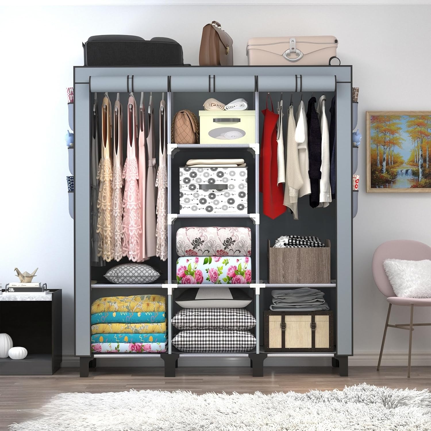 Portable Wardrobe with 10 Storage Racks and 2 Hanging Poles, 6 Side Pockets Non-Woven Cover, Size 130 x 45 x 172 cm, Bedroom Closet Organizer (Gray)