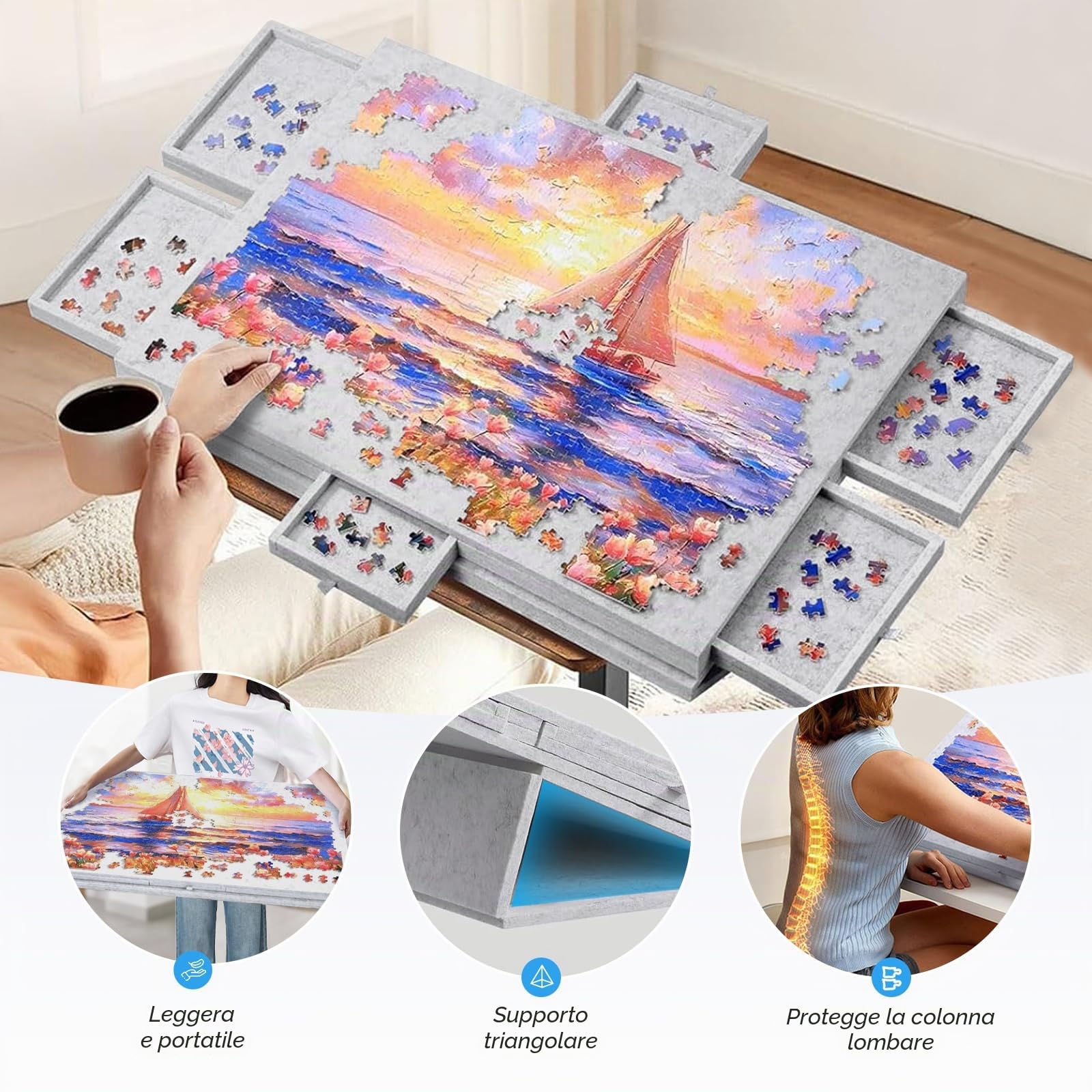 Tavolo Puzzle da 1000 Pezzi con 6 Cassetti, Angolo di Inclinazione, Puzzle Board Portatile, Puzzle Board per Bambini e Adulti (Grigio)