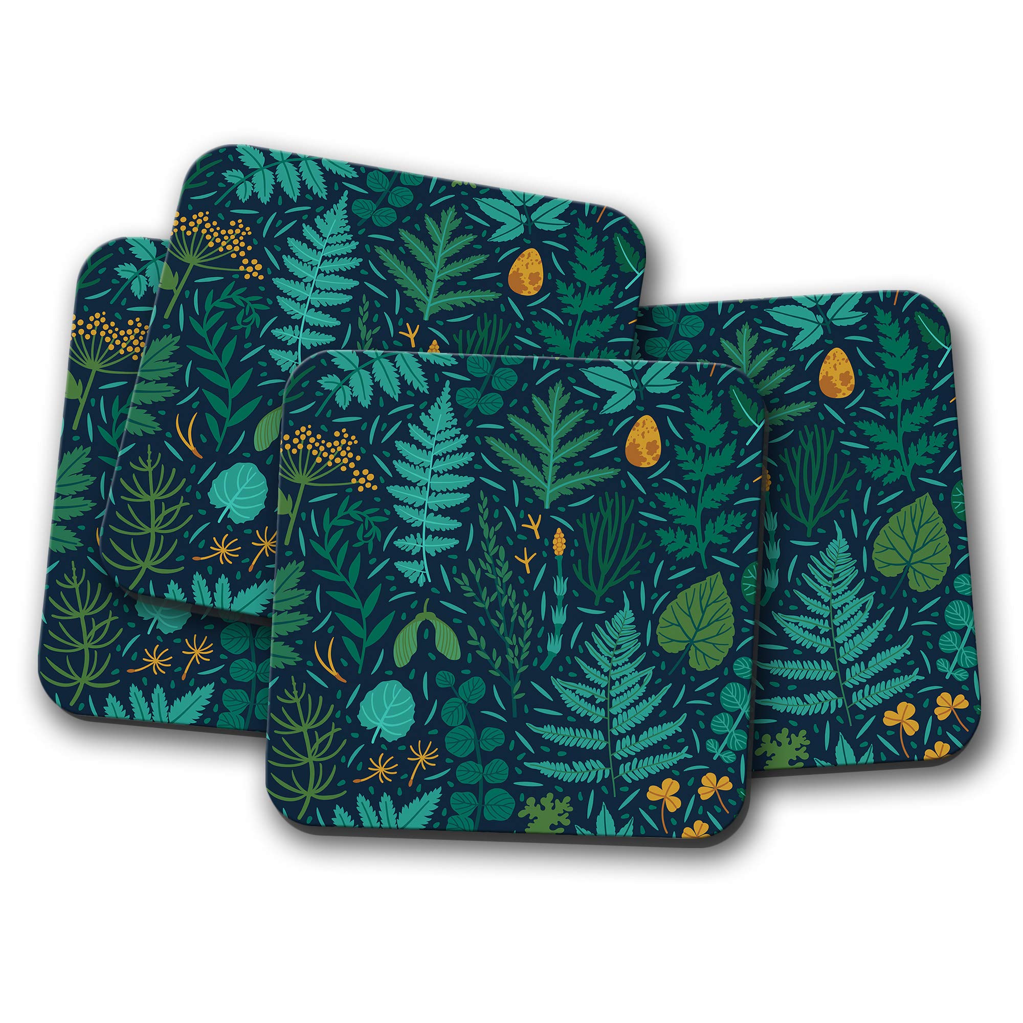 Destination Vinyl Ltd Multicolor 4 Set - Pretty Woodland Coaster - Fern Leaves Plants Nature Wildlife #15541