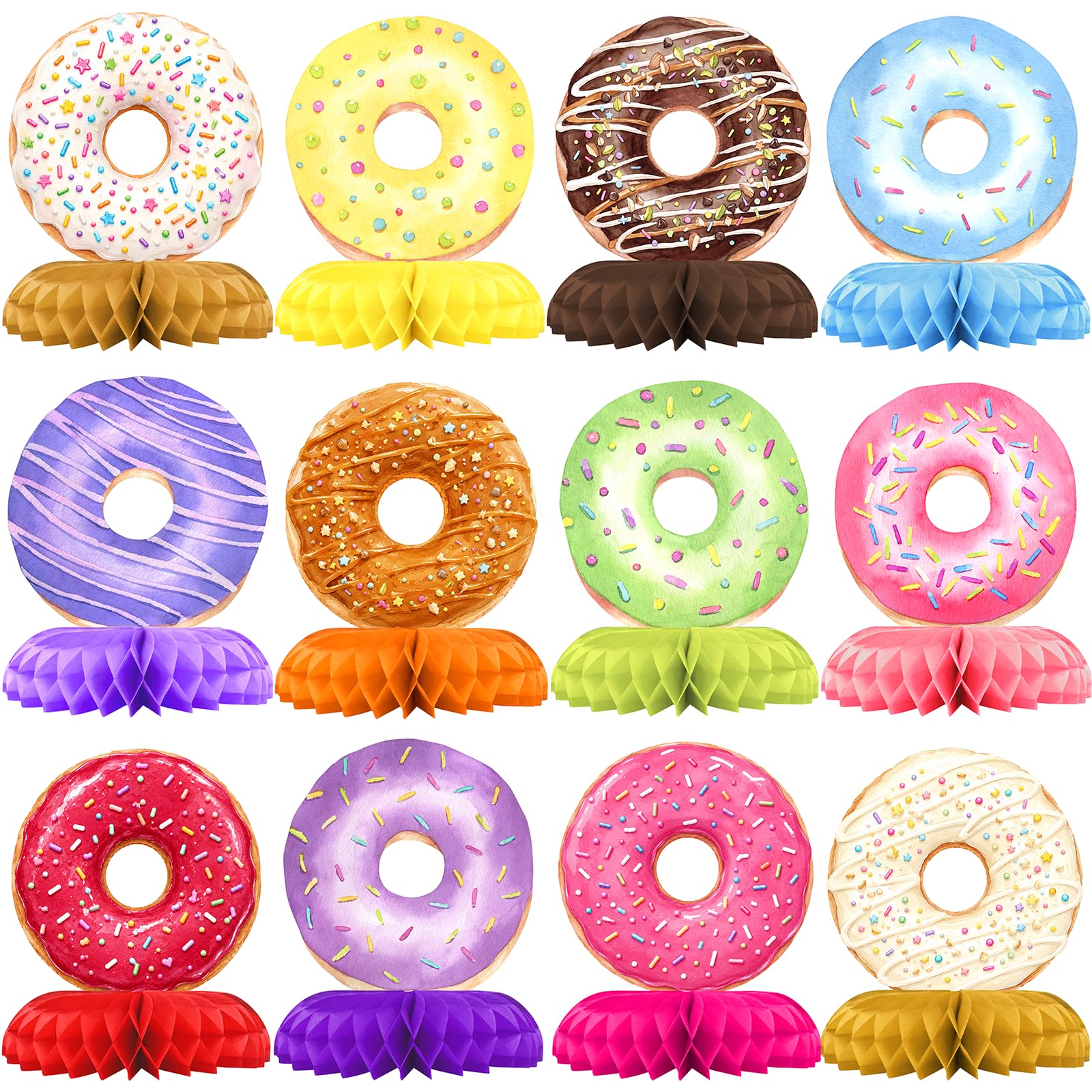 Donut Party Decorations Honeycomb Centerpieces for Birthday Party | 12 Donut Table Toppers with Colorful Frosting and Sprinkle Designs