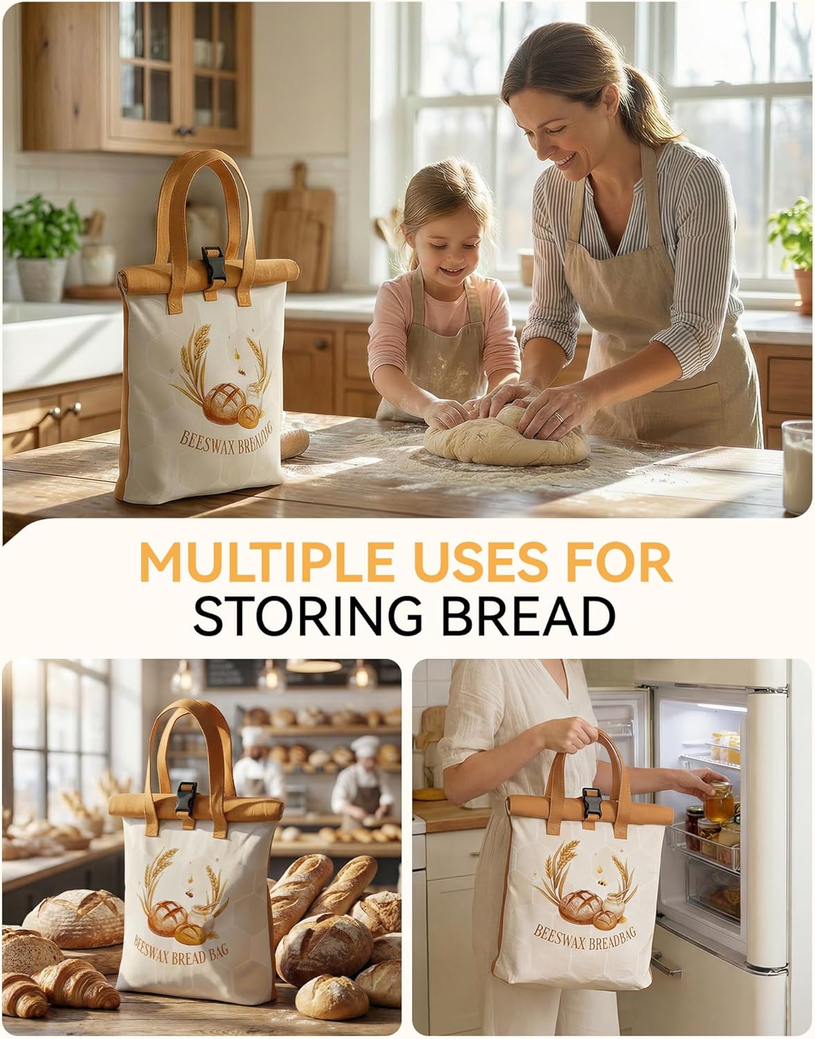 Yofidra Beeswax Bread Bag for Sourdough & Homemade Bread (Reusable & Eco-Friendly) - 100% Natural Beeswax & Cotton, Stylish Bag Design, Detachable for Easy Cleaning, Long-Lasting Freshness (2 Packs)