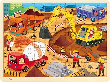 100 Piece Puzzles for Kids Ages 4-8, Construction Site | Wooden Jigsaw Puzzle for 3 4 5 6 Year Old, With Tray