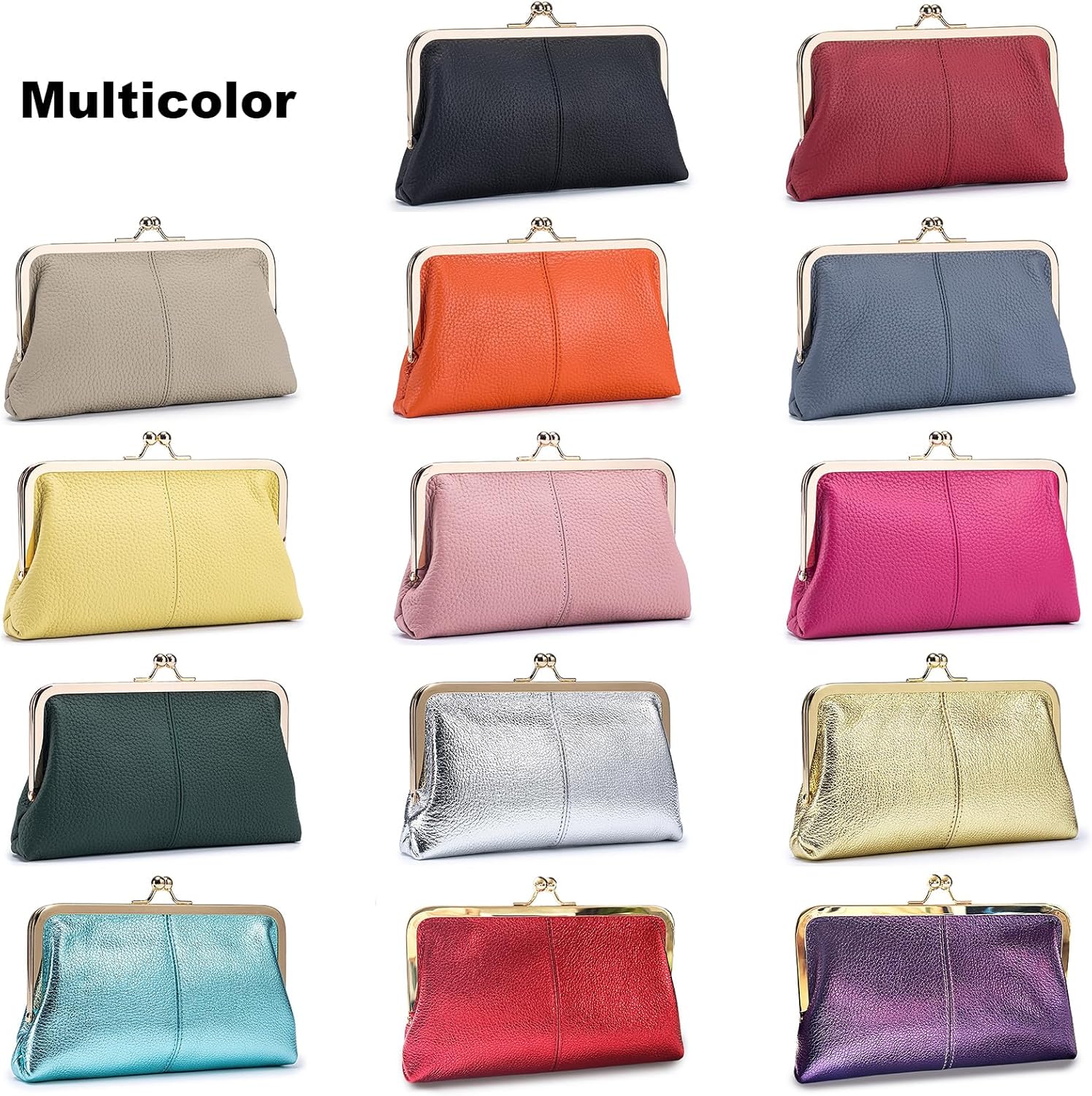 Vintage Kiss Lock Wallet for Women, Genuine Leather Multi-card Slots Card Holder Clutch Purse Travel Wallet (Metallic Purple)