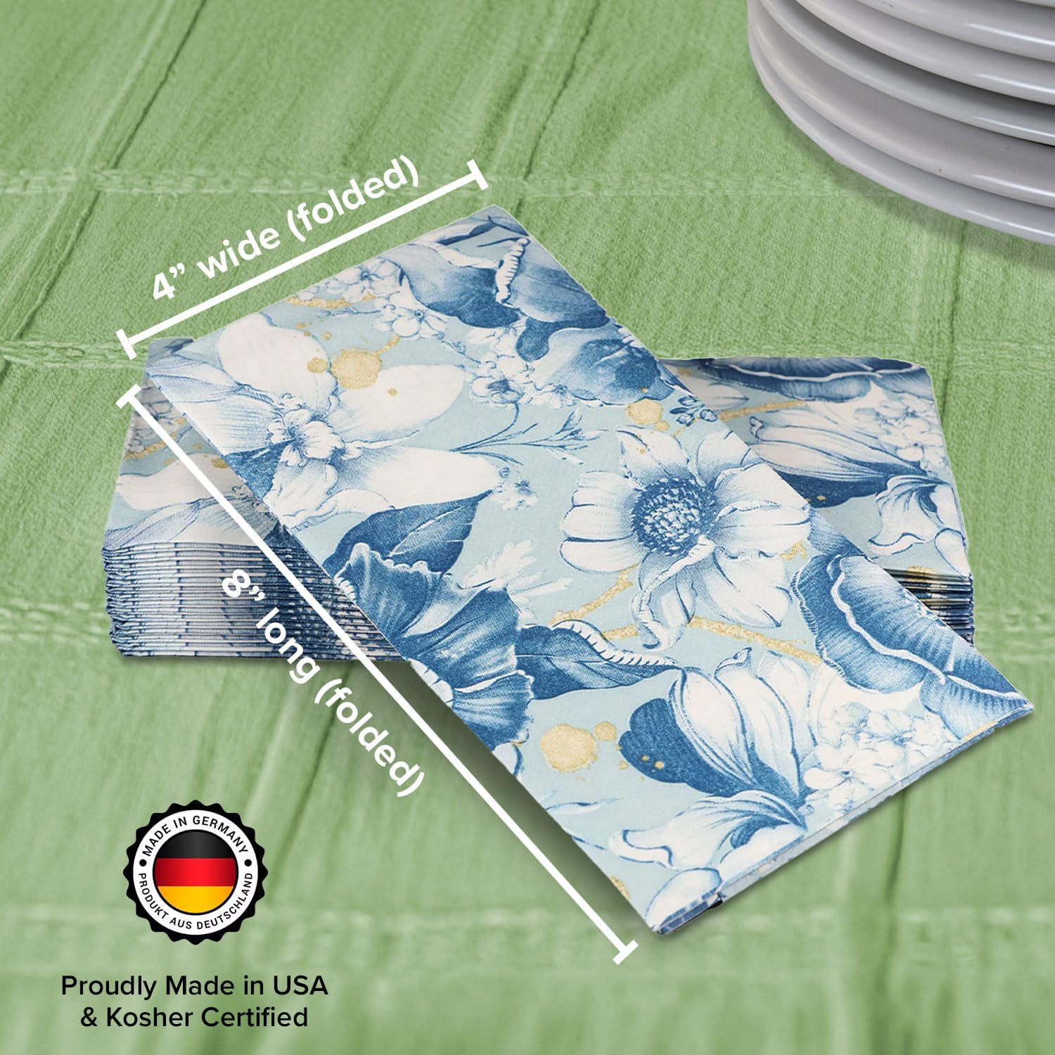 SimuLinen Blue Garden Floral Disposable Hand Towels for Bathroom, Single-Use Linen-Feel Guest Towels, Hand Tissue Paper, Cloth-Like Paper Napkins, Pack of 300