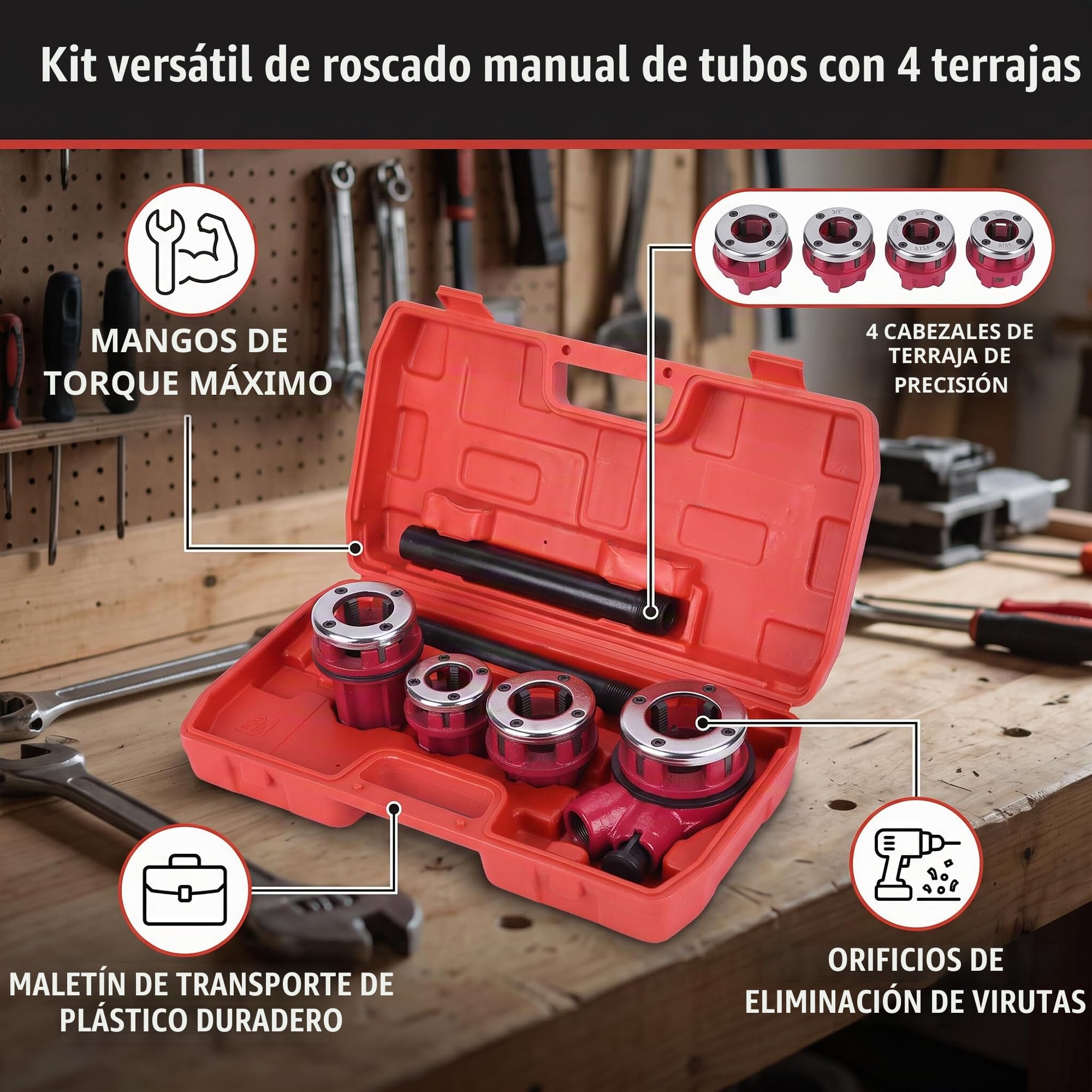 Juego de roscas para tuberías, juego de roscas con 4 roscas de 1/2", 3/4", 1", 1-1/4", para conexiones de tubería