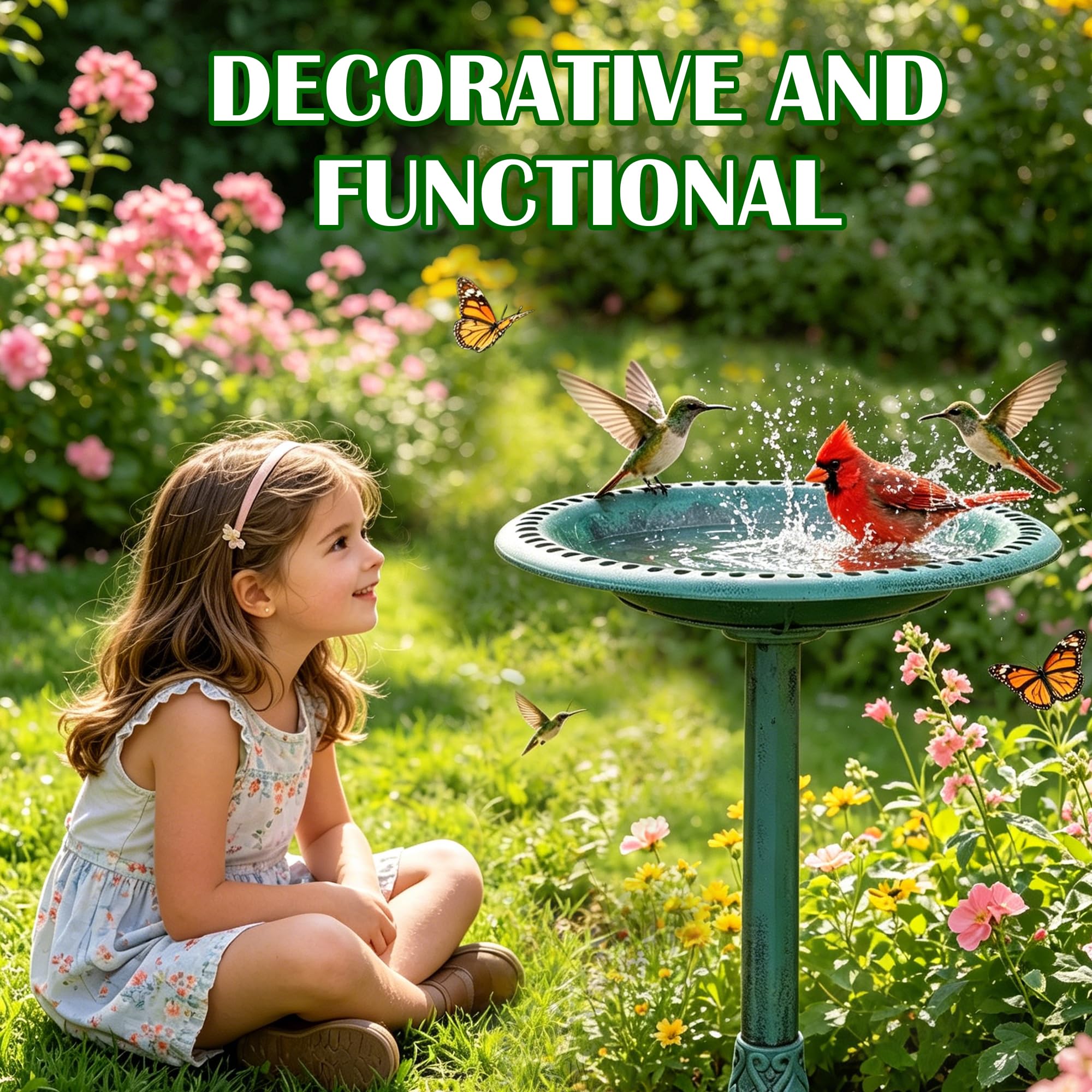 Bain d'oiseaux Vertical avec Fontaine Solaire, Distributeur de Nourriture pour Oiseaux Sauvages, 2 en 1, sur Pied, Style Vintage, pour Extérieur, Jardins et Pelouses (Vert)