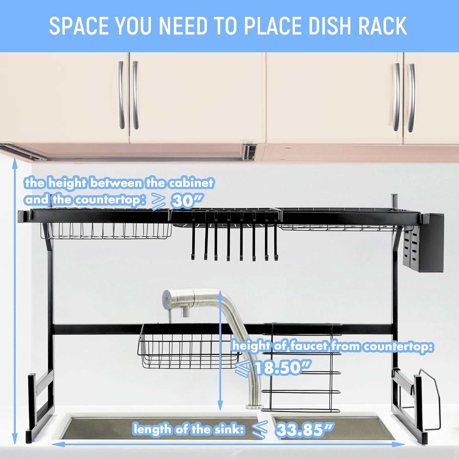Over Sink Dish Drying Rack with 8 Utility Hooks, Black, Heavy Duty, Easy Installation, Space-Saving, Non-Slip Drainer Shelf, Stainless Steel Larger Dish Dryer Rack for Kitchen Organization, WallQmer