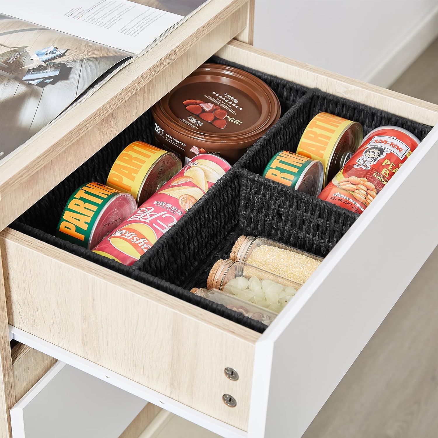 Vagusicc Wicker Divided Storage Basket, Black Wicker Baskets, Basket for Shelves Drawer Organizing, 3 Section Rectangular Woven Storage Baskets, 2-Pack