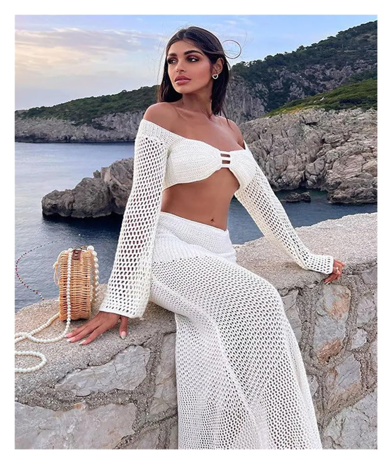Bikini Cover Ups Été Femmes Blanc attaché à Manches Longues Hanche décontracté évider tricoté Jupe Longue Costume Bikini Couvrir Robe de Plage(White,M)