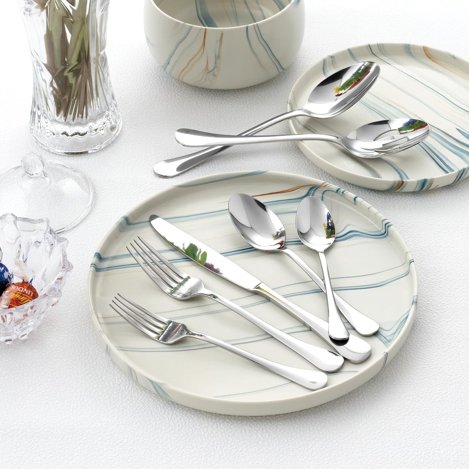 Lorren Home Trends 62 Piece Stainless Steel Flatware Set, Service for 12, Dishwasher Safe