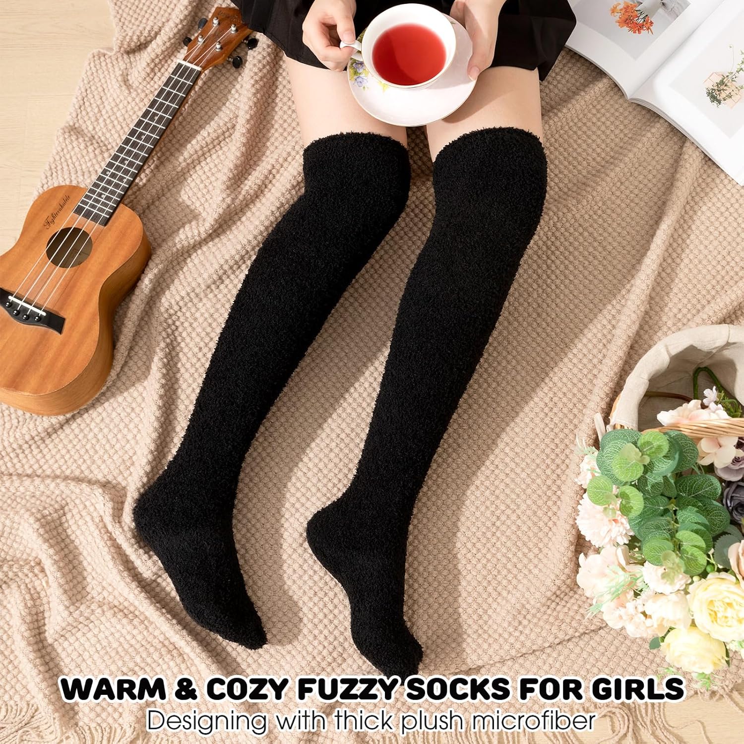 Geyoga 4 Pairs Knee Thigh High Fuzzy Socks for Women Long over Knee Fuzzy Socks Fleece Cozy Lined Soft Warm Valentines Gifts - Image 4