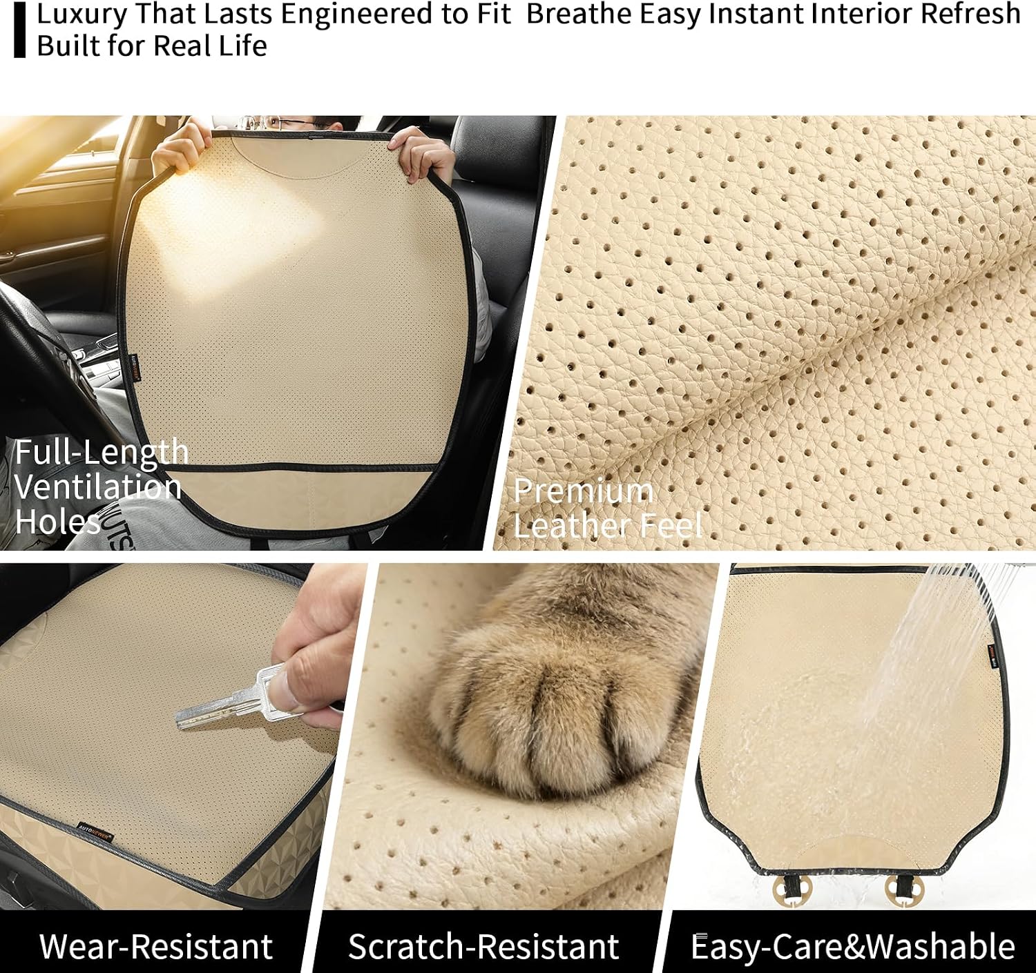 Auto Newer Leather Car Seat Cover,Breathable Bottom Car Seat Protector,All-Season Comfort, Easy Clean，Airbag Compatible,Non-Slip Fit for Most Cars, Suitable for Seat Ventilation Heating（Beige，2PCS）