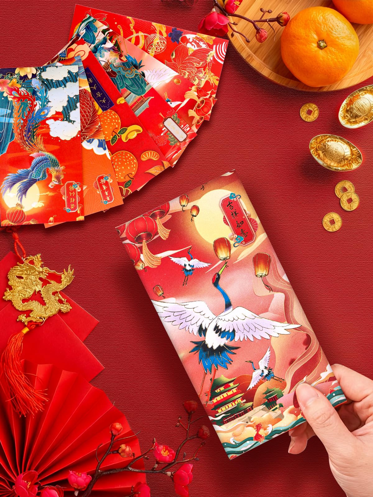 Lot de 60 enveloppes rouges porte-bonheur Hong Bao Nouvel An chinois motif bronze traditionnel