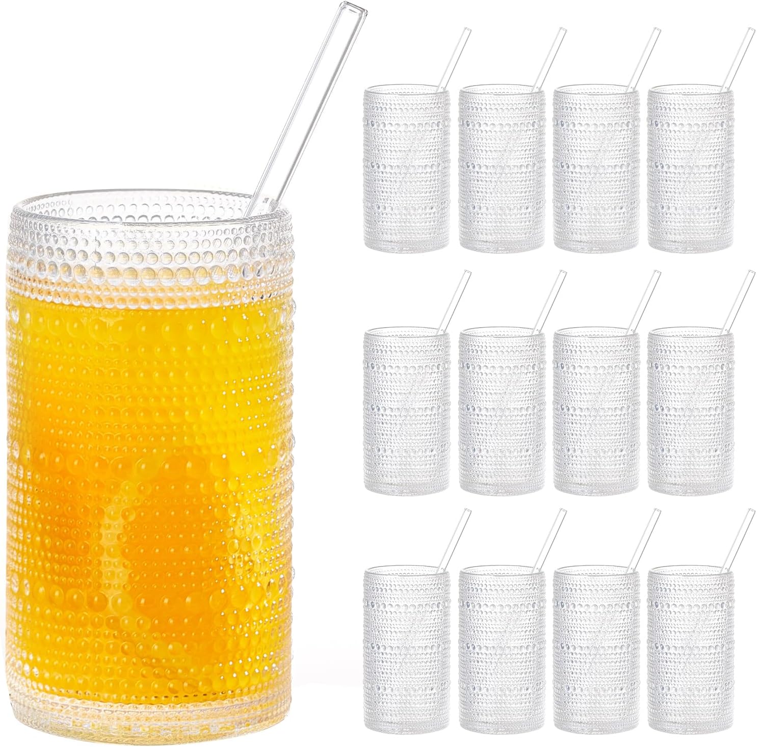 16oz Hobnail Drinking Glasses Set of 12, Vintage Large Capacity Embossed Clear Tumblers, Highball Glasses for Water, Cocktail, Beer, Whiskey, Juice & Bar Use 12 Pack 16oz Clear