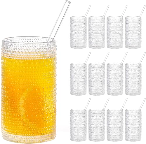 Miniatura 8 de Juego de 6 vasos para beber Hobnail de 16 onzas, vasos verdes en relieve vintage de gran capacidad, vasos altos para agua, cóctel, cerveza, whisky,