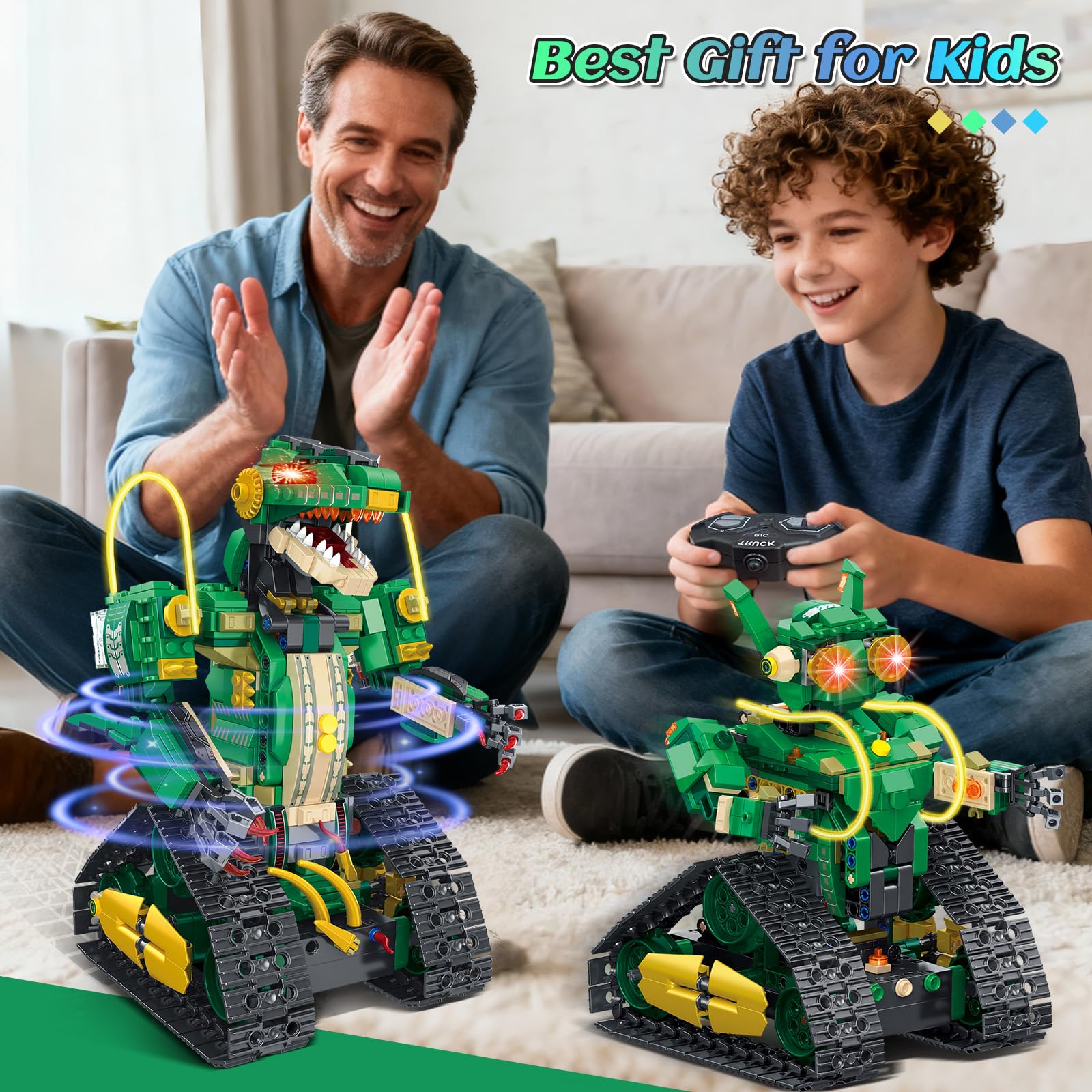 HiWEEGO Technik Roboter für Kinder mit Licht - 5 in 1 Dinosaurier Fernbedienung Bausatz, 877 Teile RC Robot Wiederaufladbar Spielzeug Geschenk für Jungen und Mädchen 8–12 Jahren