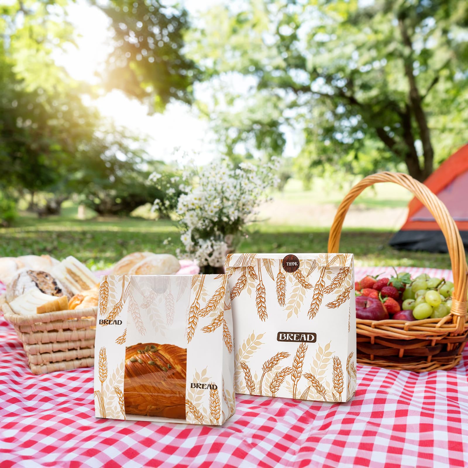 Paquete de 100 bolsas de papel para pan con ventana transparente, 10 x 14 x 4 pulgadas, bolsa de pan casera con calcomanías, bolsas grandes de panadería, bolsa de almacenamiento de pan de masa