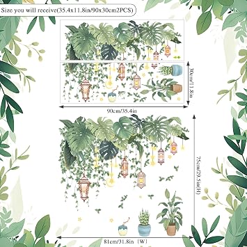 Green Tropical Leaves Wall Stickers Large Tropical Leaves Wall Decals Green Palm Leaf Wall Stickers with Hanging Vine Leaf Lantern for Bedroom Living Room Bathroom Decoration