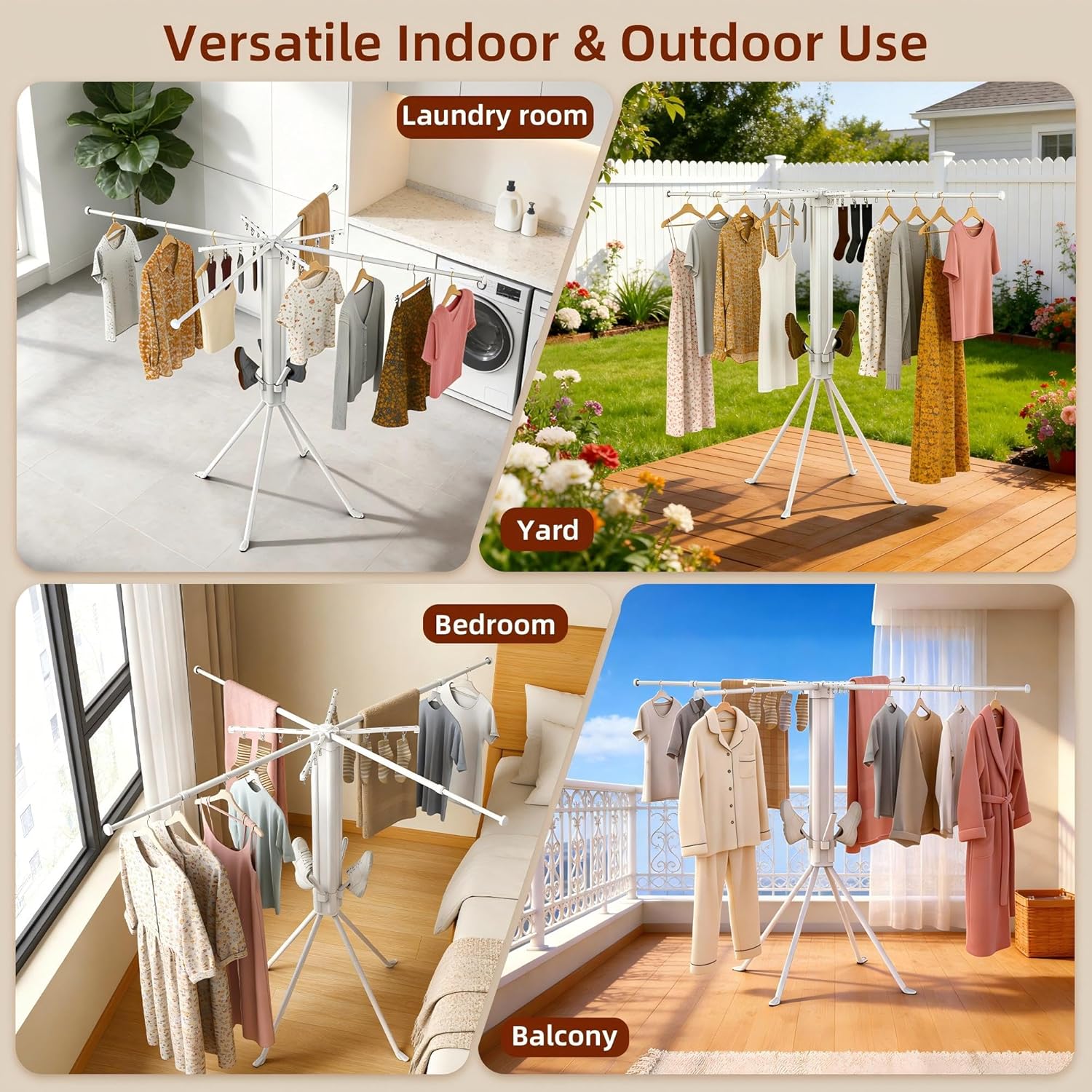 Clothes Drying Rack Foldable, Extending Laundry Drying Rack Collapsible with 16 Clips & 4 Shoe Pegs, 4-Legged Space-Saving Clothing Drying Stand for Indoor/Outdoor