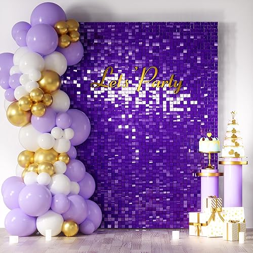 COKAOBE Purple Shimmer Wall Backdrop, 24PCS Square Sequin Shimmer Backdrop Panel, Photo Backdrops for Birthday, Anniversary, Wedding, Graduation & Bachelorette Party Decoration - Purple