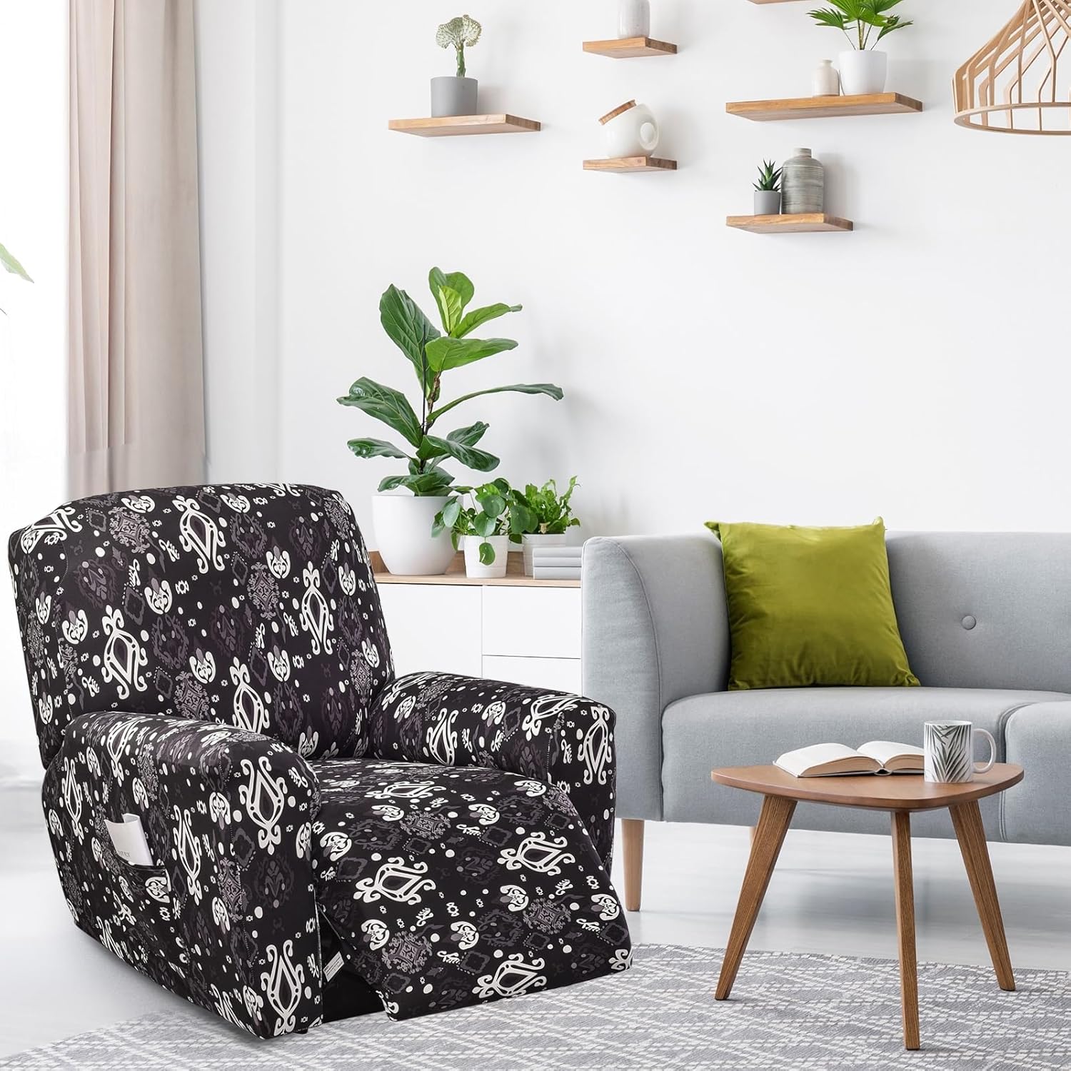 FUANGUI Recliner Chair Cover 4-Pieces Lazyboy Cover for Recliner Chair with Storage Pockets Furniture Protector for Living Room, Jacquard Sofa Slipcover for Kids, Pets, Dog and Cat, 46