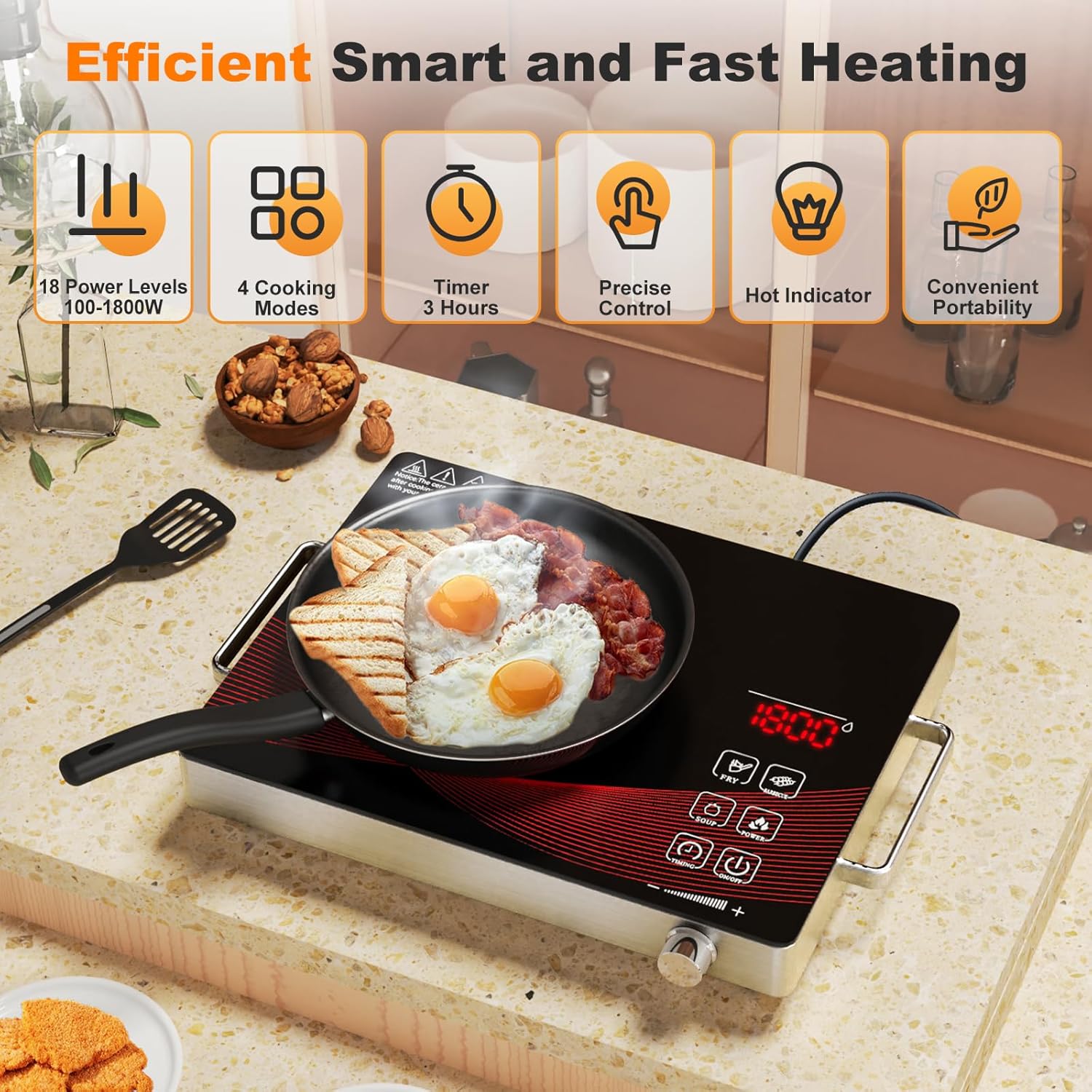 Portable Electric Stove 1800W, 110V Ceramic Hot Plate, Single Burner Cooktop with Knob Control, Timer, Safety Lock, Portable Cooking for Home, Office, RV