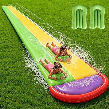Double Lane Slip and Slide, Water Slide for Garden with 2 Bodyboard, Build in Sprinkler, Slip n Slides for Backyard Outdoor Water Fun for Kids Adults, Summer Water Toy 600 140cm