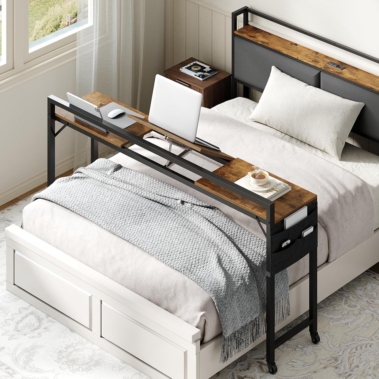 Overbed Table with Wheels, Queen Size Recliner Desk with Charging Station, Laptop Table with Adjustable Stand and Storage, Over the Bed Table for Home, Dormitory, Sofa, Rustic Brown and Black SF13UBR