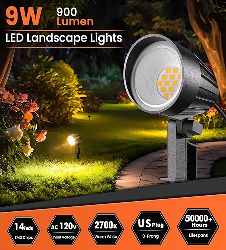Miniatura 2 de MEIKEE Luces LED de paisaje de 9 W, iluminación de paisaje de 110 V con 3 enchufes estadounidenses, luces de jardín impermeables IP66 para patio,