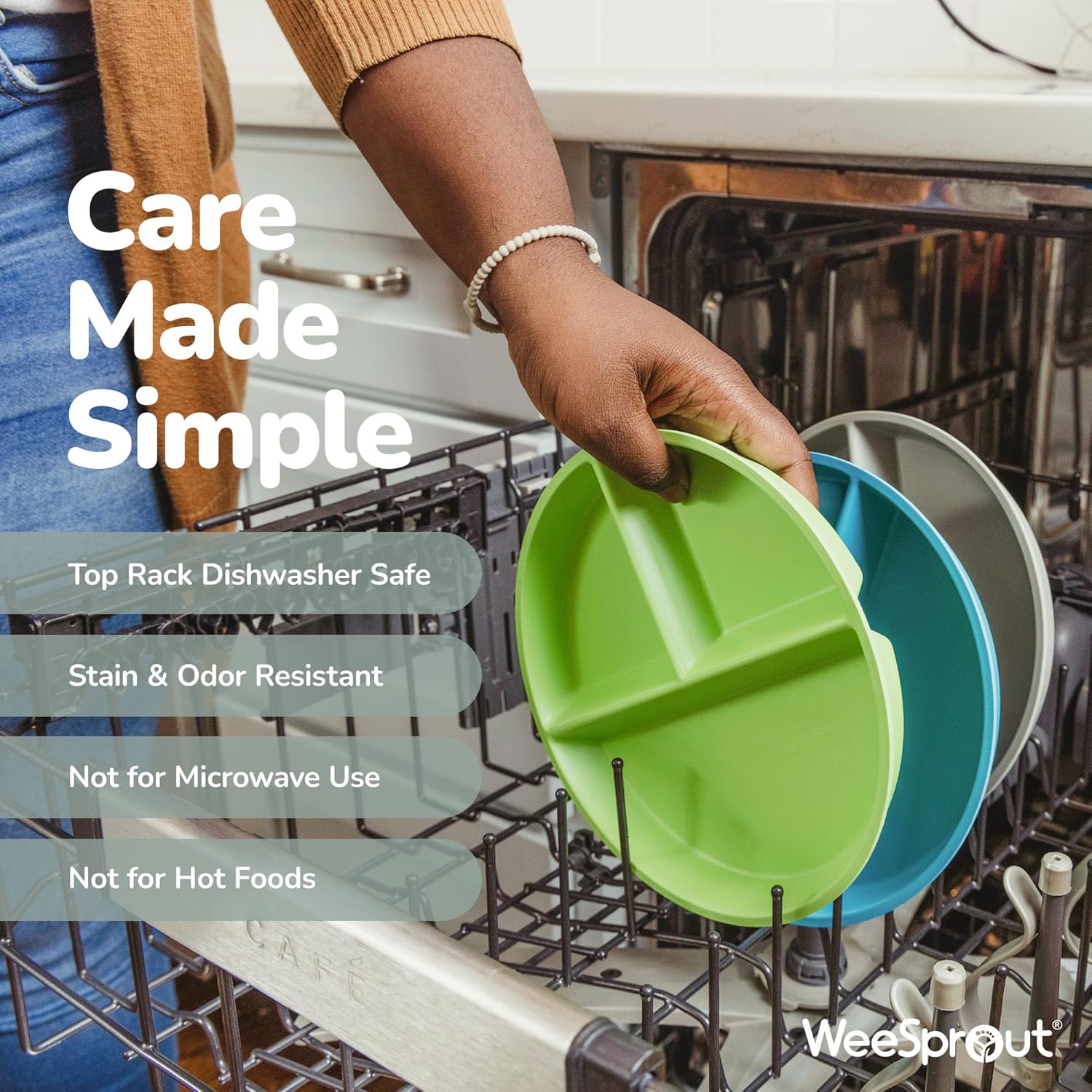 WeeSprout Divided Bamboo & Melamine Plates for Kids - Set of 4 Toddler Dinnerware, Food Grade, Kid Safe with Divided Design for Picky Eaters, Dishwasher Safe, Reusable Modern Tableware - Image 5