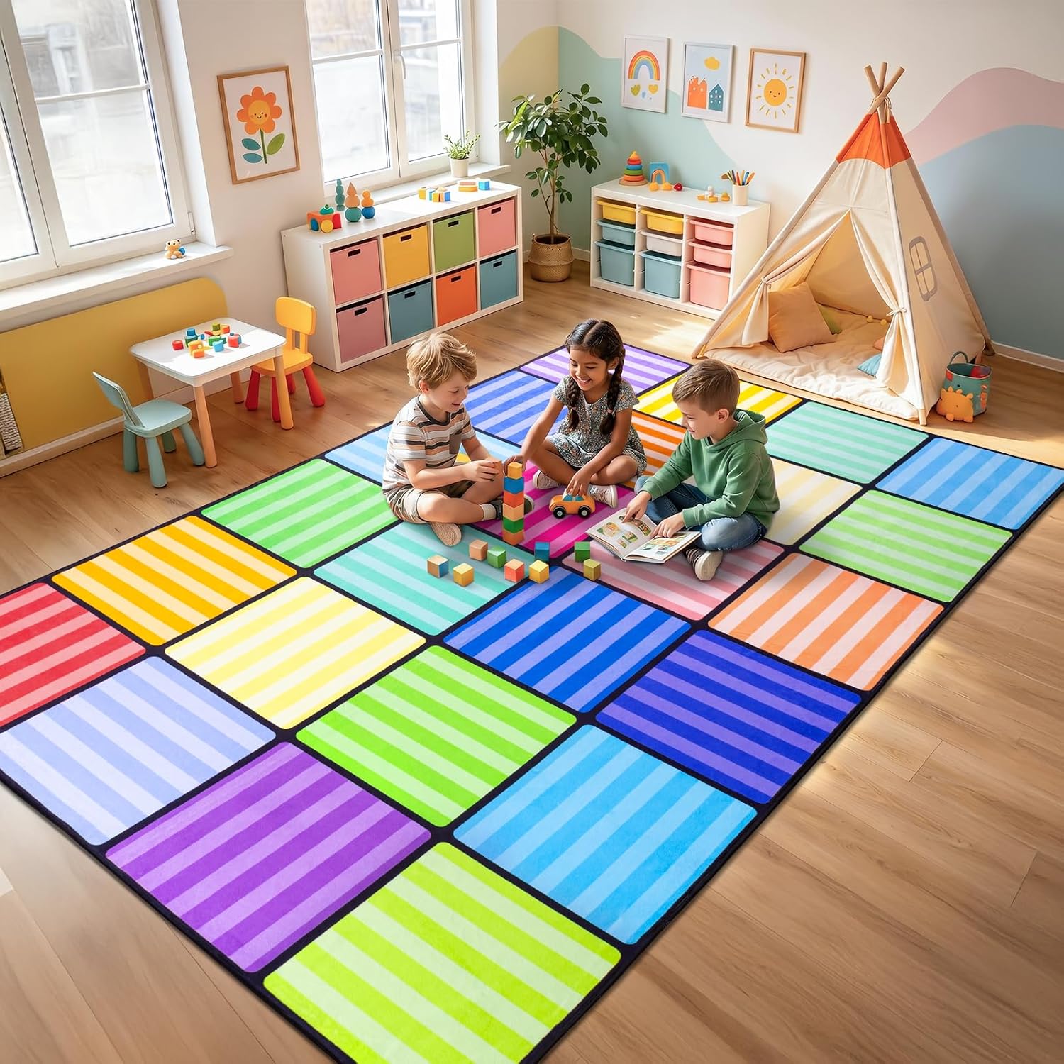 WISH TREE Color Striped Non Slip Washable 24 Seats Classroom Rug with Rubber Backing, Low Pile Kids Carpet for Preschool Kindergarten Elementary Playroom, 7x12 Feet
