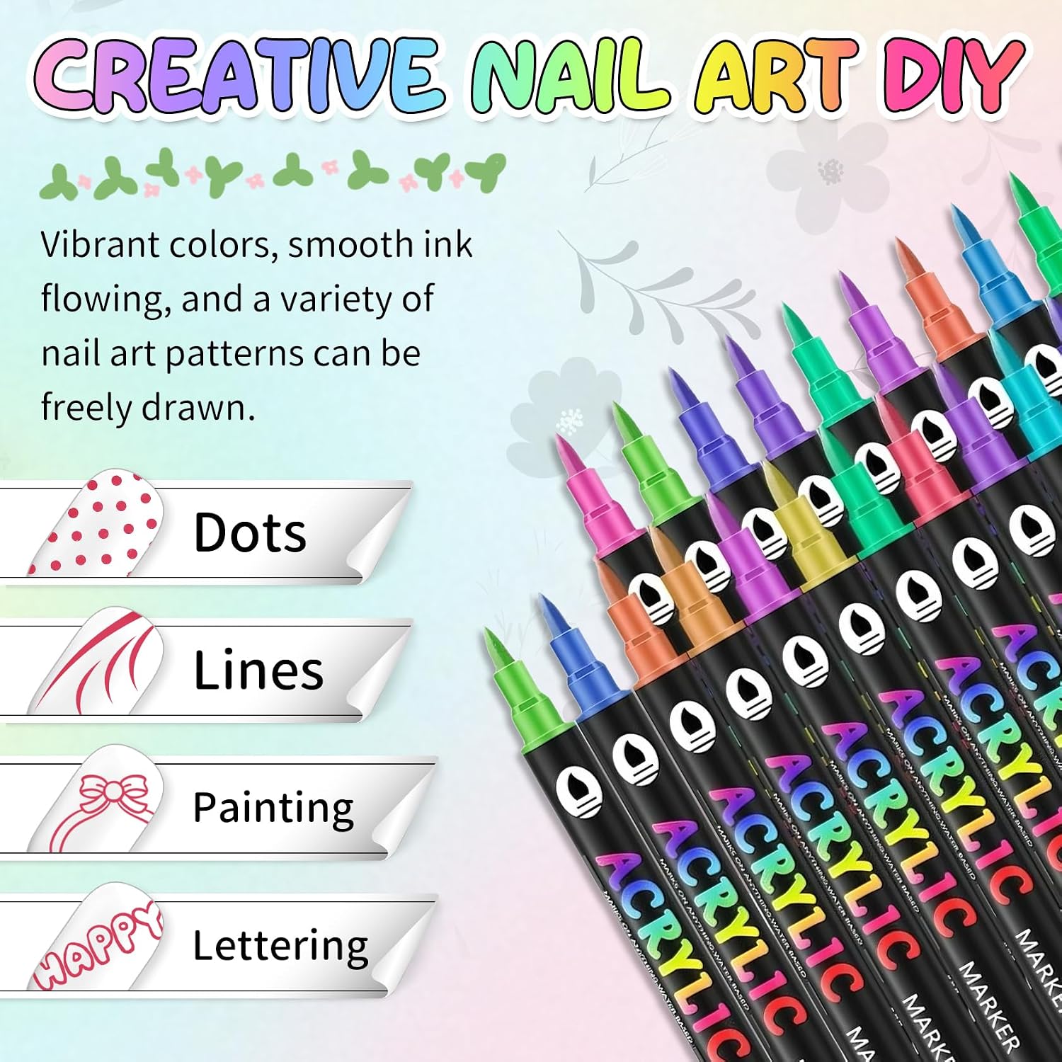 48 Colors Nail Art Pens for Painting Nails,Nail Art Markers Pens Set | Dual-ended Design,Highly Pigmented,Strong Coverage,Quick Dry Nail Doodle Pens for Home & Salon DIY