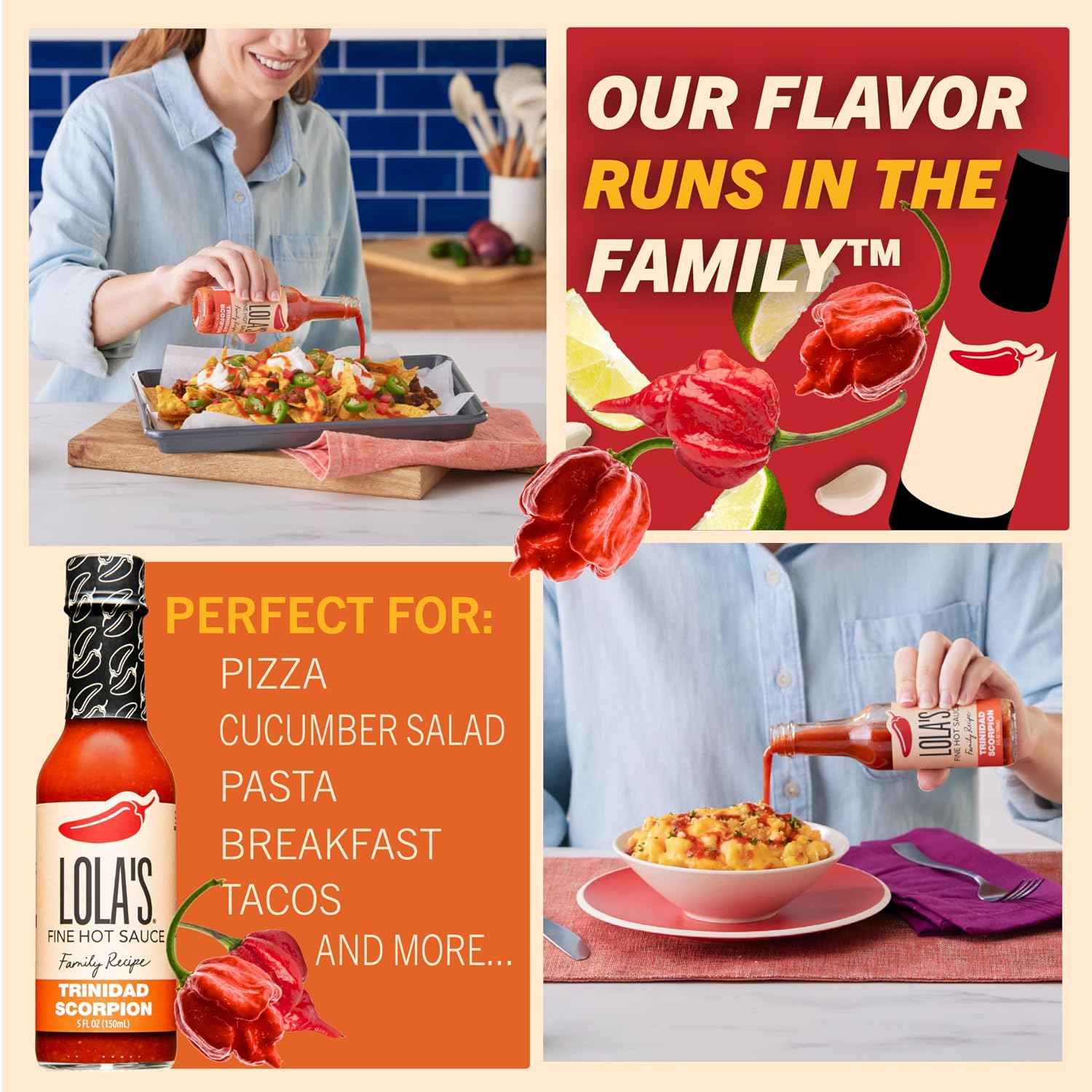 Lola's Fine Hot Sauce Trinidad Scorpion, All-Natural Lola'sTrinidad Hot Sauce with Red Jalapeños, Scorpion Peppers, Garlic, & Lime, Vegan, Keto-Friendly, & Gluten-Free Family Recipe, 5 oz, 4-Pack