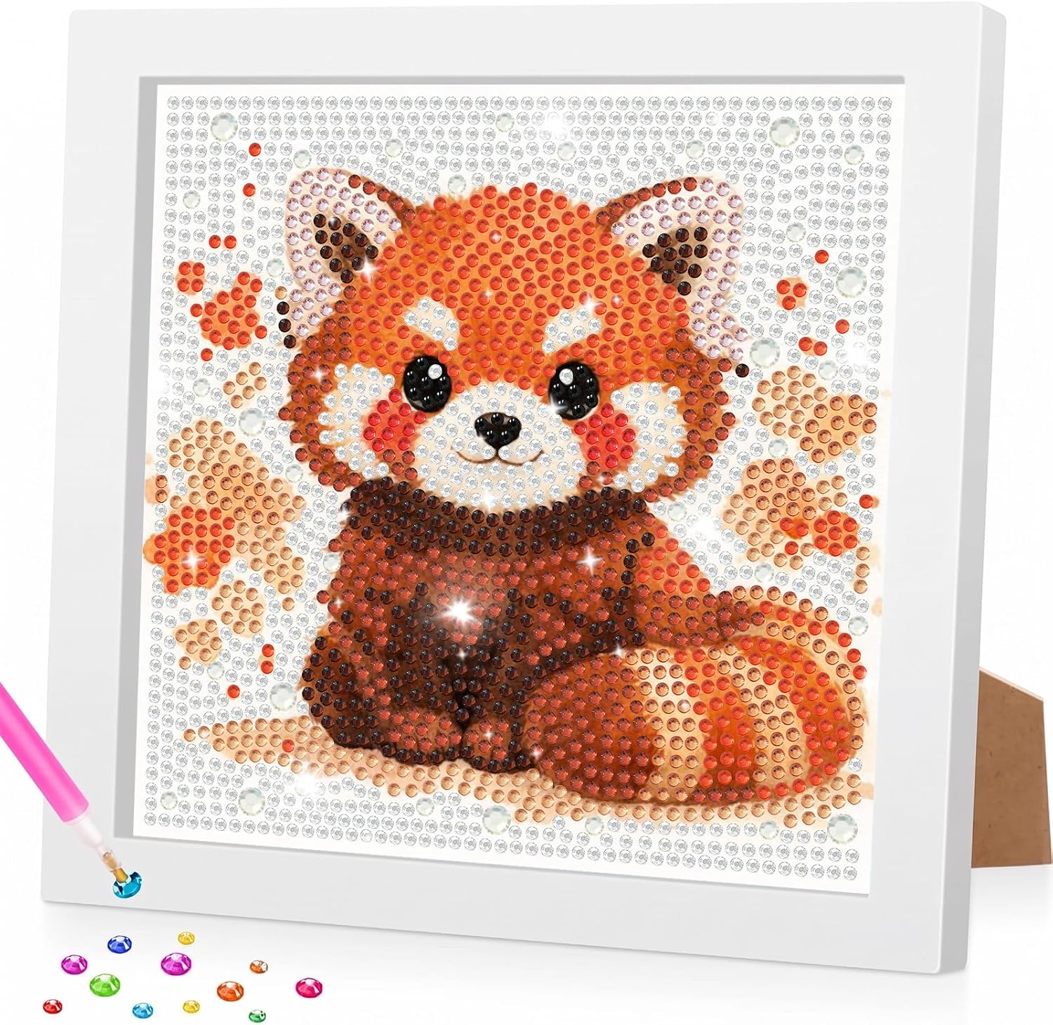 Bowetile Cute Diamond Art for Kids with Frame, Small Diamond Painting Red Panda for Kids Ages 8-12, Easy Gem Painting Animal Art and Crafts Kit for Gift Home Wall Decor, 7x7 inch
