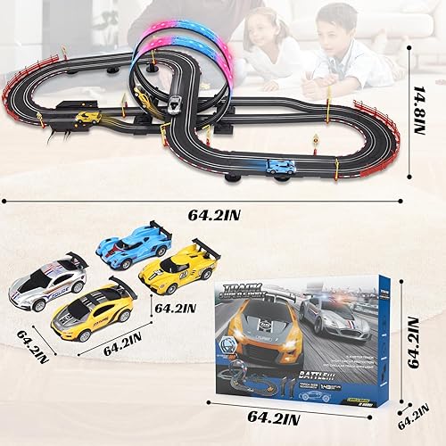 Miniatura 7 de Juego de pistas de carreras de autos con 4 autos de carreras de alta velocidad, pista de carreras eléctrica de 20 pies para niños y niños, doble