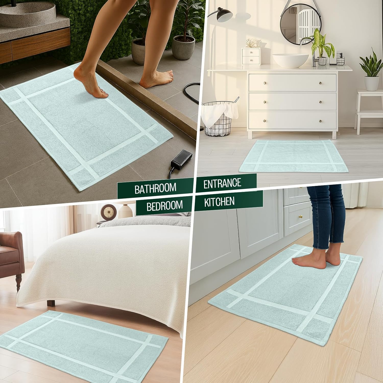 Pearl Linens Pack of 6 100% Cotton Bath Mat 18x25 inches, Soft & Absorbent Quick Dry Bathroom Mat Set, Not Bathroom Rugs, After Shower Mat, Bath Tub Mat, 781 GSM, Machine Washable, Mint Green