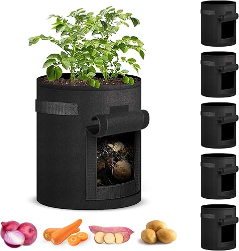 iPower Paquete de 5 bolsas de cultivo de papas de 7 galones con asa, solapa de acceso y ventana visual, fácil de cosechar, contenedor de tela de