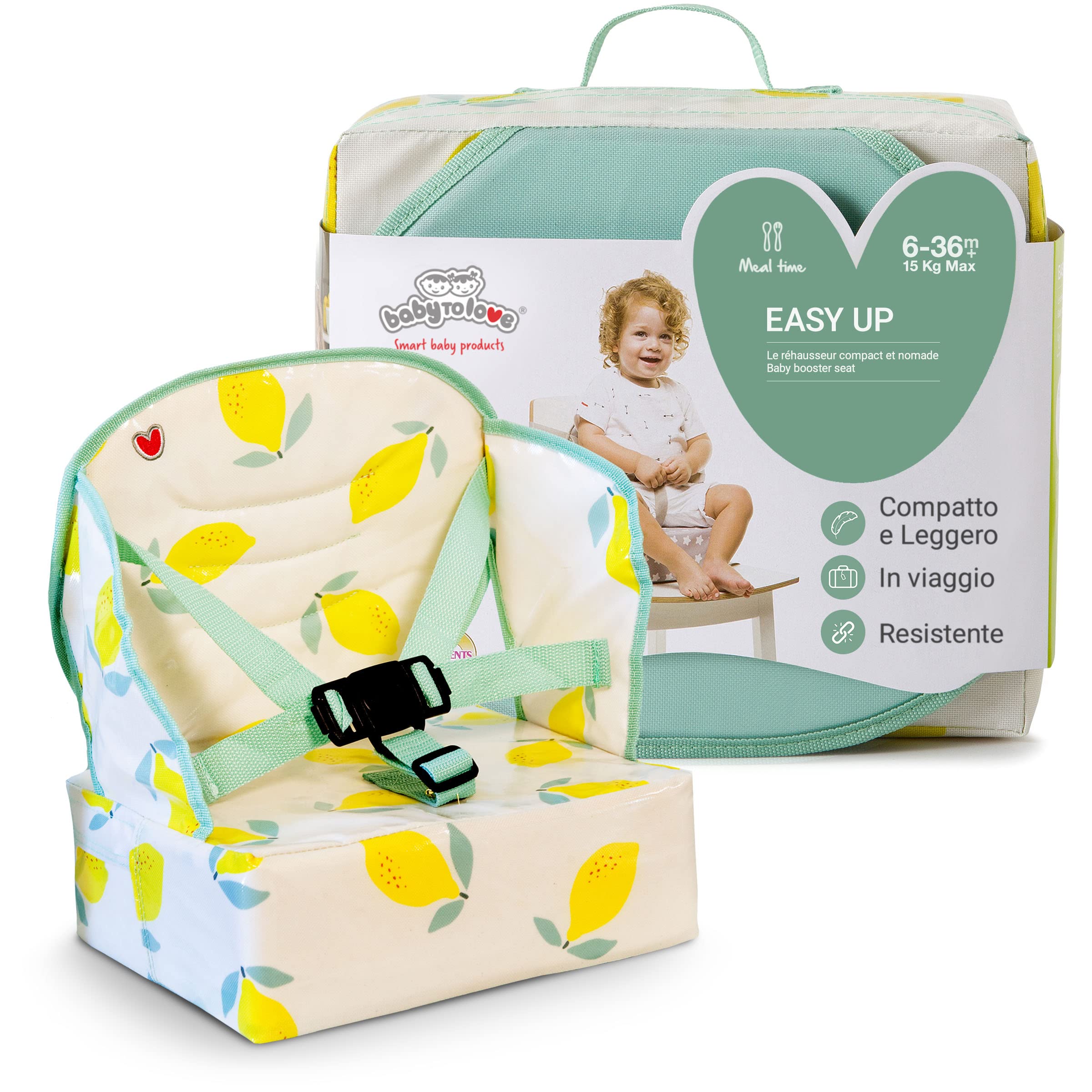 BabyToLove | Rialzo nomade pieghevole con cuscino morbido e imbracatura sicura per pasti all'aperto o a casa | Happy Lemon