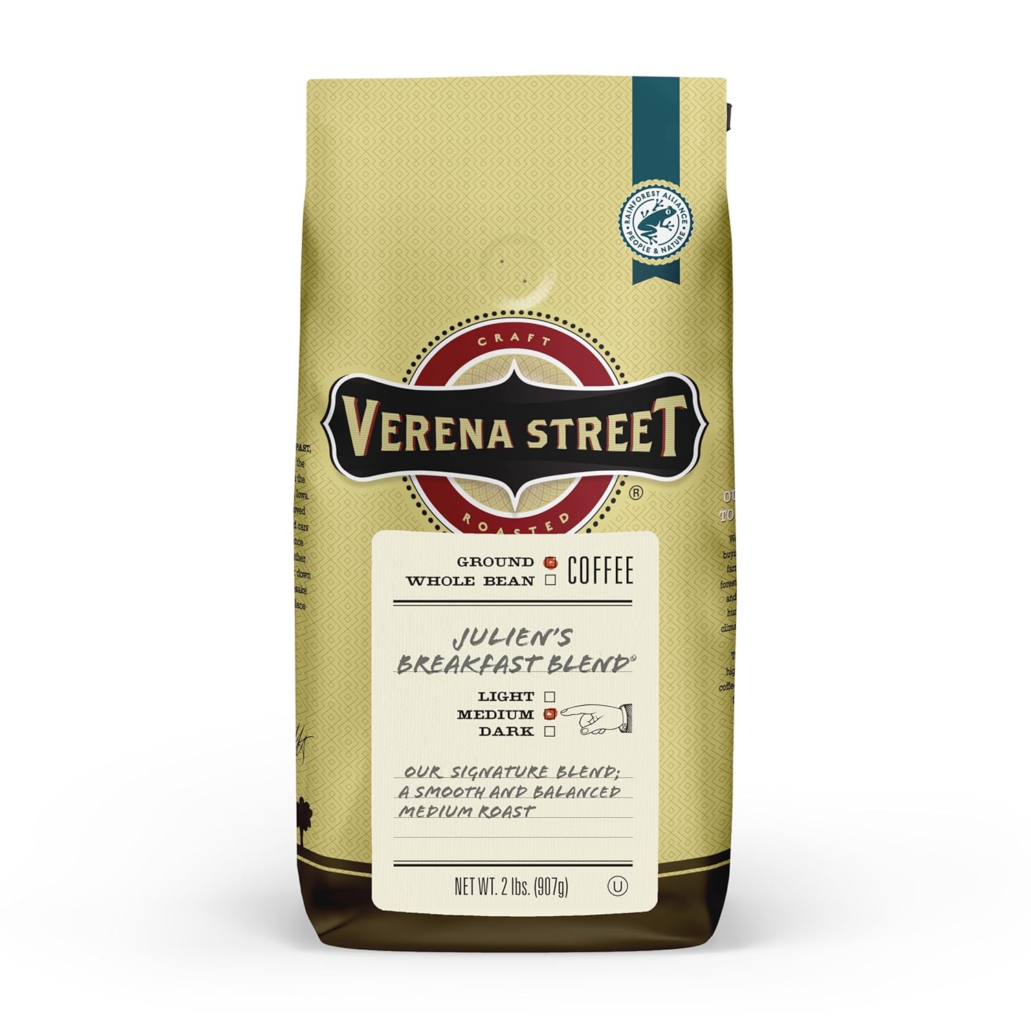 Verena Street 2 Pound Ground Coffee, Medium Roast, Julien's Breakfast Blend, Rainforest Alliance Certified Arabica Coffee