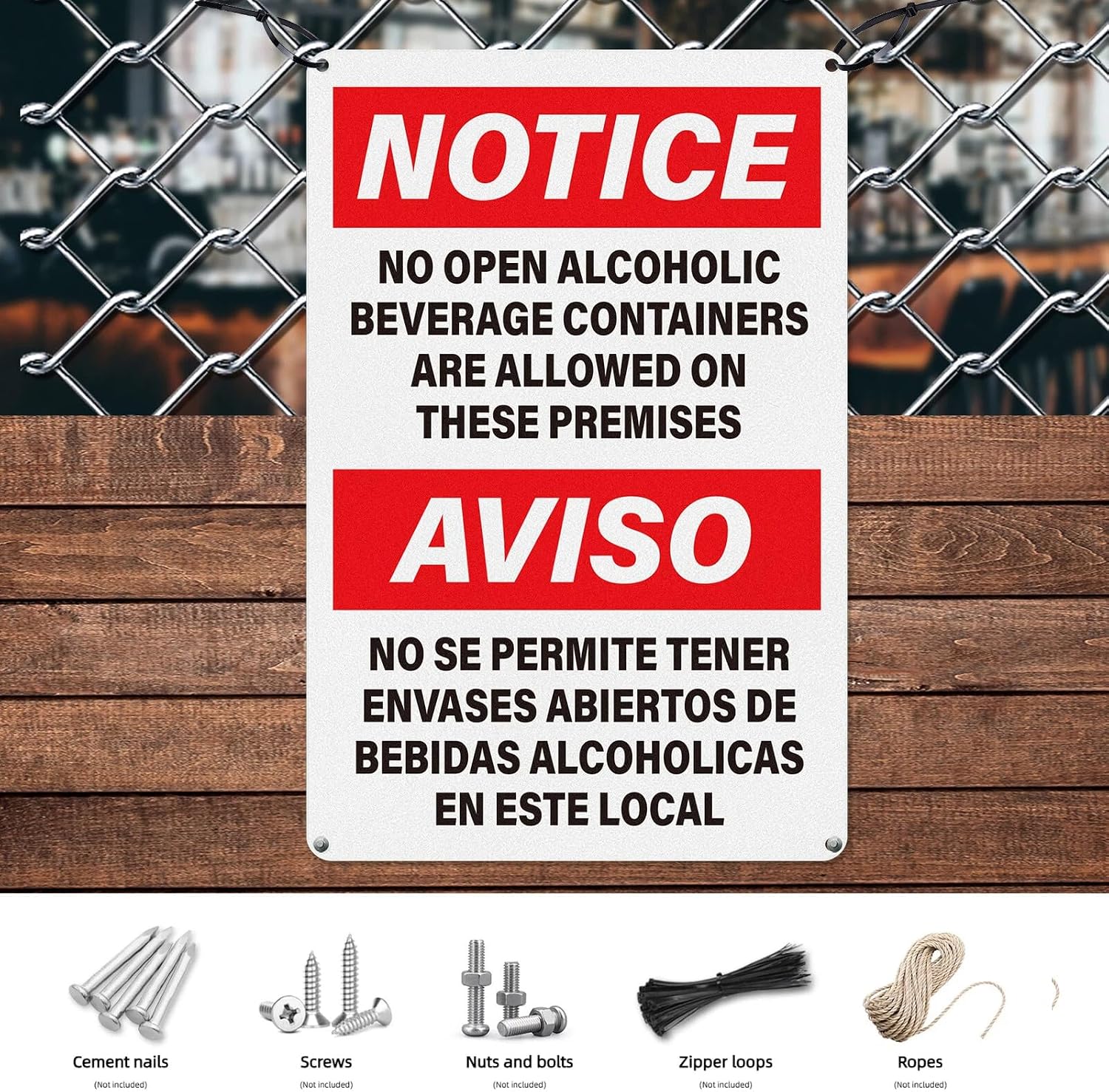 Notice No Open Alcoholic Beverage Containers Allowed Bilingual Sign 12 x 18 Inch Aluminum Waterproof Metal Reflective Warning Signals for Business Outdoor Indoor