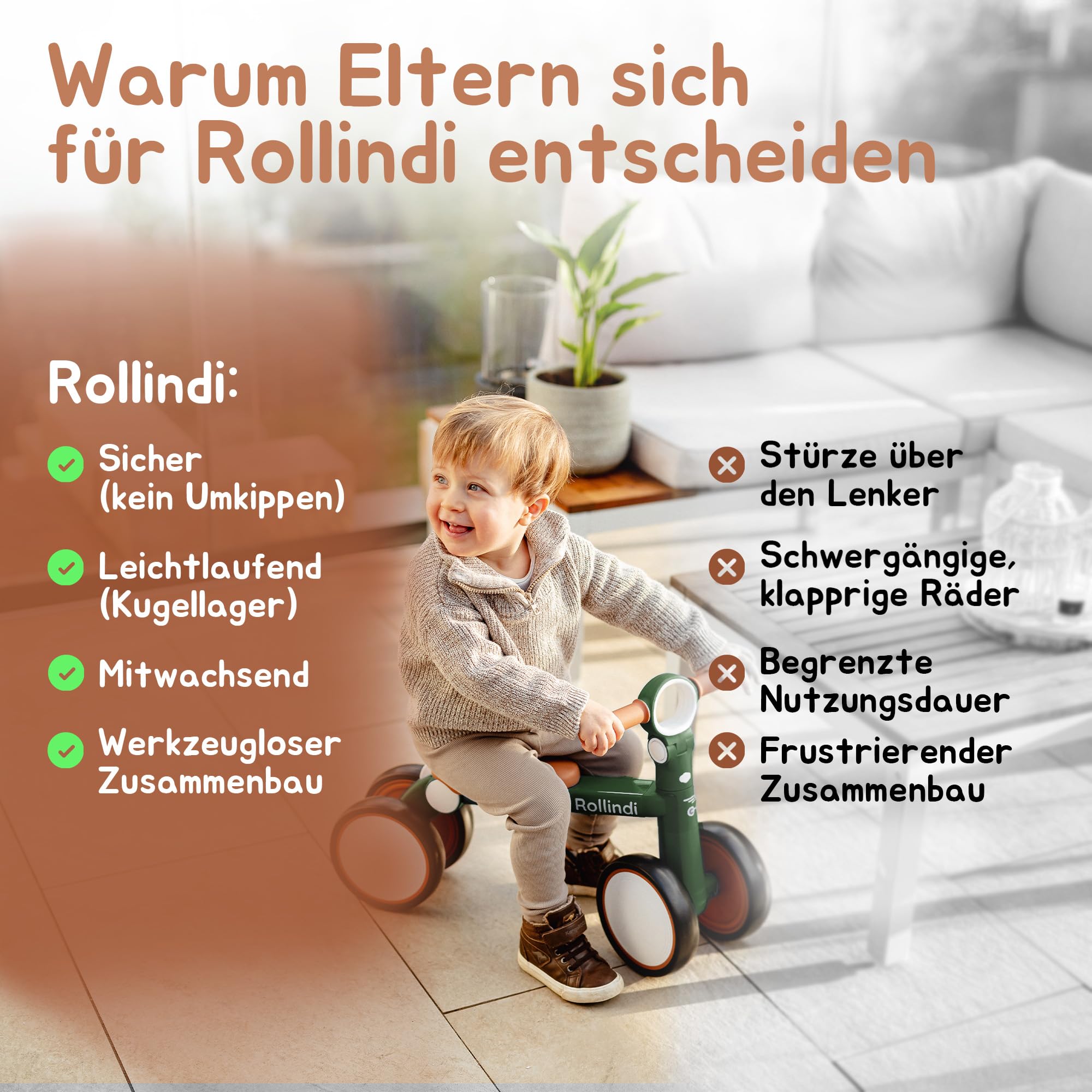 Walk – Sicheres erstes Laufrad ab 1 Jahr, Ultraleicht & kippsicher, leise Räder für drinnen & draußen, mitwachsendes Lauflernrad Baby 12–36 Monate, Geschenk zum 1. Geburtstag, Grün