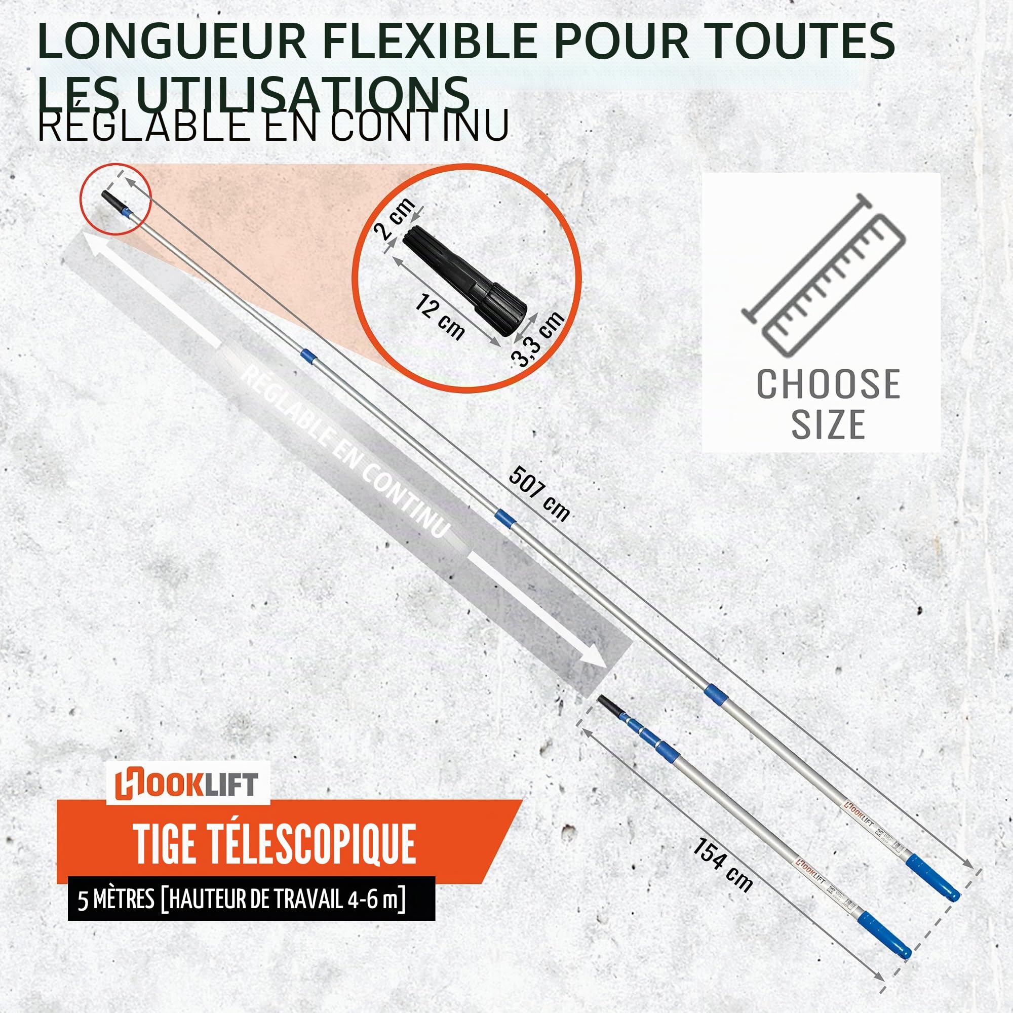 La plus courte barre télescopique en aluminium de 5 m avec adaptateur, réglable en continu de 154 à 505 cm ; idéale pour le nouveau système de crochets magnétiques et pour d'autres