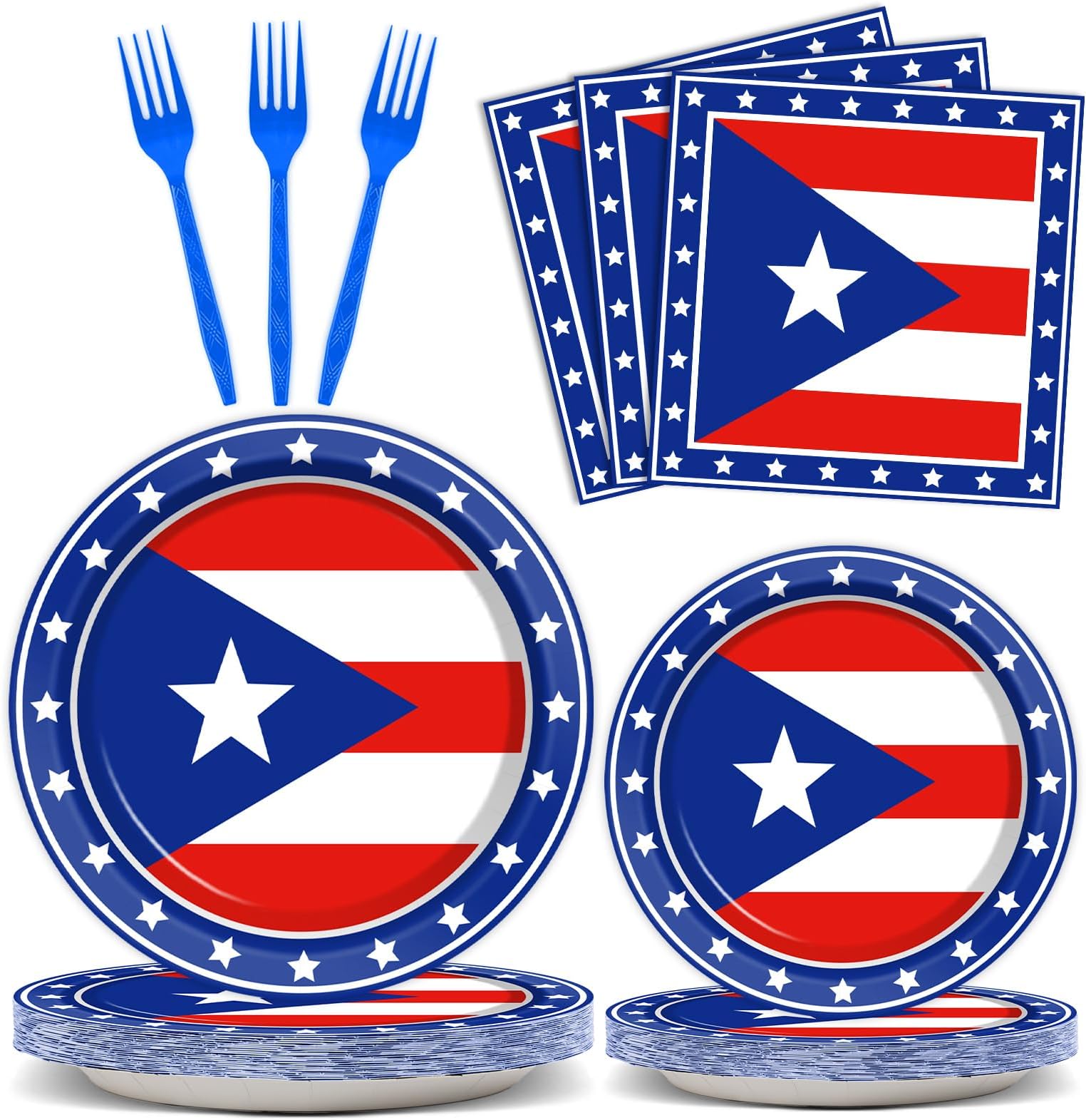 OBUSATT 96Pcs Puerto Rico Party Supplies Puerto Rico Flag Paper Plates Napkins Puerto Rico Birthday Party Decorations Souvenirs Puerto Rico Dinnerware Party Favor Puerto Rico Gifts Tableware Serves 24