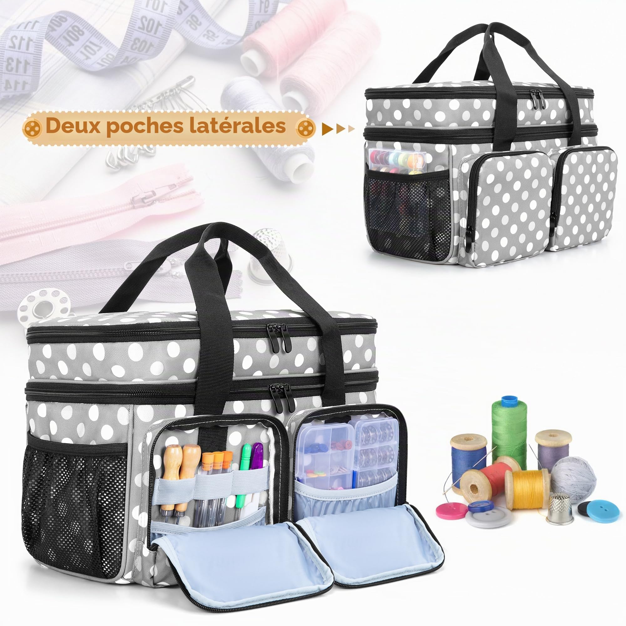 BAFASO Sac pour Kit de Couture, Boite a Couture Double Couche, Points Gris | Organisateur pour Accessoire Couture avec 1 Pochette et des Séparateurs Amovibles, (Aucun Accessoire)