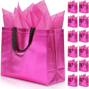 KeerxunBag 12Pcs Reusable Gift BagsIncludes Tissue Paper Gift bag with handle Birthdays Parties Holidays Weddings Medium 13x5x11in Magenta gift Bags