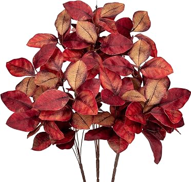 Briful 3 PCS Autumn Leaves Artificial Magnolia Leaf Bush, 15.7 Fake Greenery Picks Magnolia Artificial Leaves Branches for Vase Floral Arrangement Kitchen Table Home Autumn Decorations
