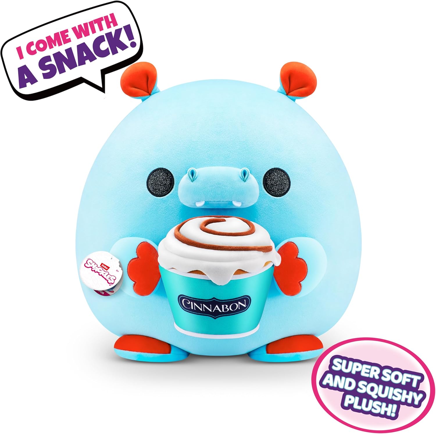 snackles (cinnabon) hippo super sized 14 inch plush by zuru, ultra soft plush, collectible plush with real licensed brands, stuffed animal