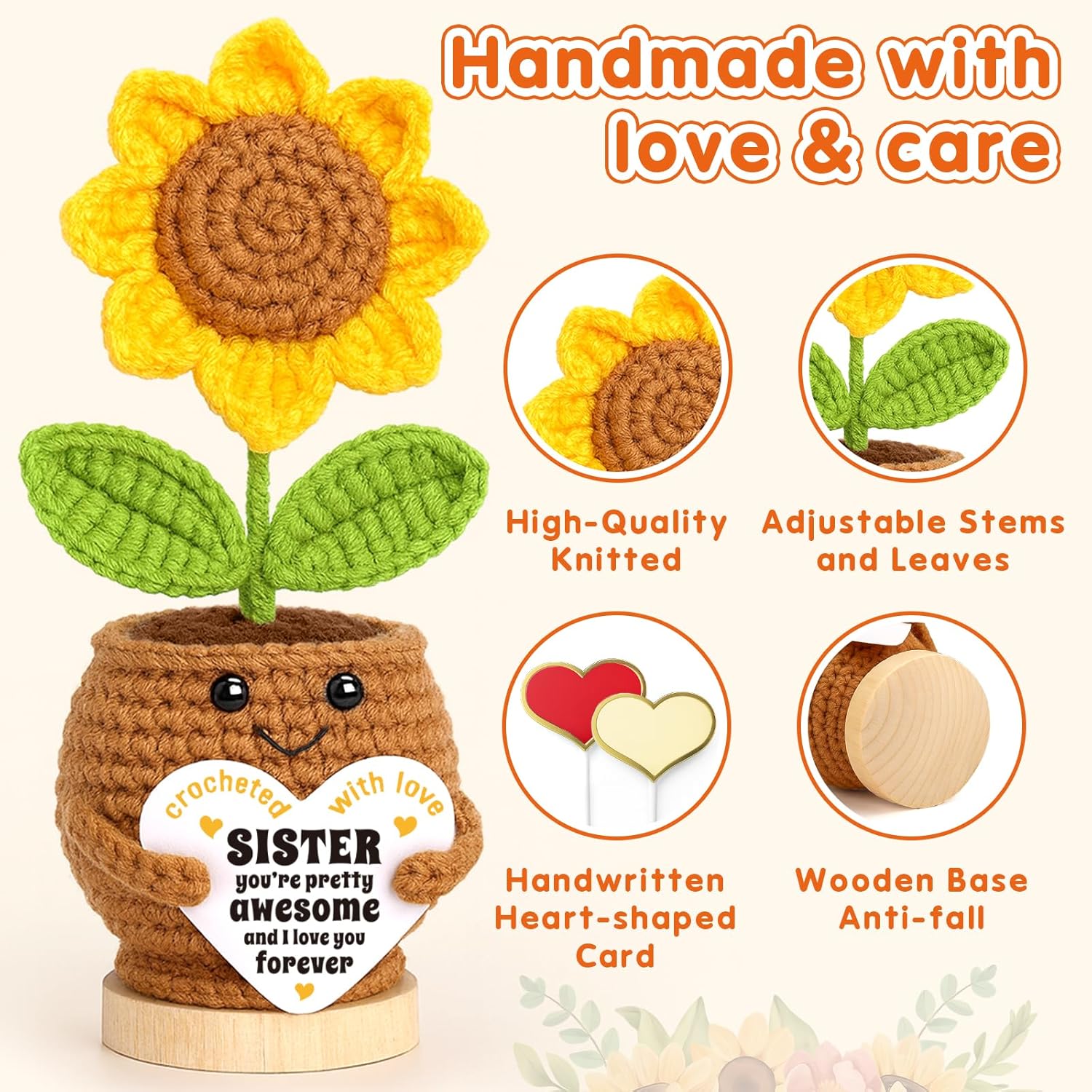 Sister Christmas Birthday Gifts from Sis Brother, Best Sister Ever Gift for Women, Xmas Stocking Stuffer Wedding Gifts for Big Little Sisters in Law, Positive Crochet Sunflower - Image 2