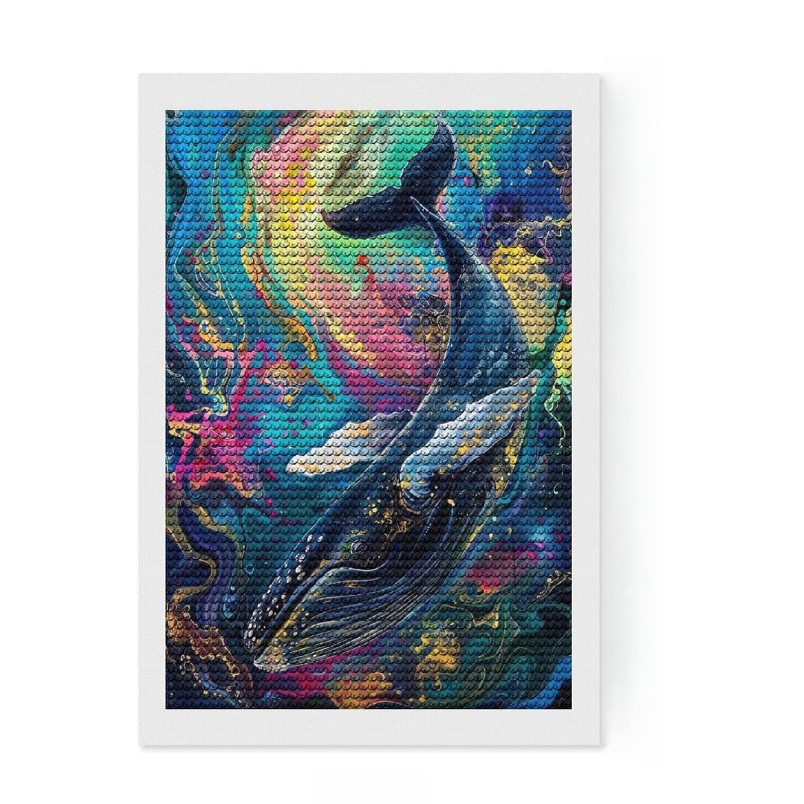 Junmoney Colorful Whale Abstract Art Round Drill Diamond Painting 8"x12", Decorate Your Room, Sparkling Round Gems, Adhesive Canvas, Bedroom Decor