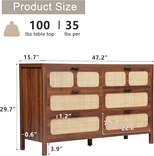 Miniatura 2 de LEVNARY Cómoda de 6 cajones para dormitorio, organizador de cajones de ratán con asas de metal, cómoda de madera decorativa para entrada, armario,